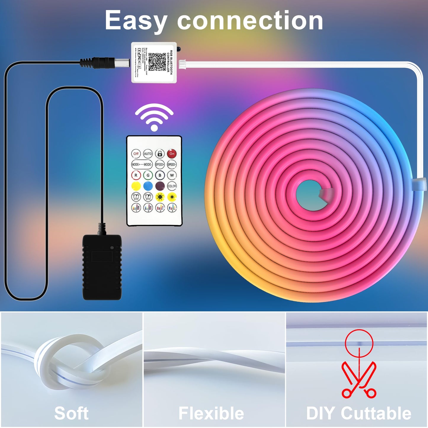 Cozylady RGB Neon Light LED Rope Light,Waterproof Bluetooth APP Remote Control Music Sync Strip Light,24V Flexible DIY Silicone Light for Bedroom Home Indoor Outdoor Decoration