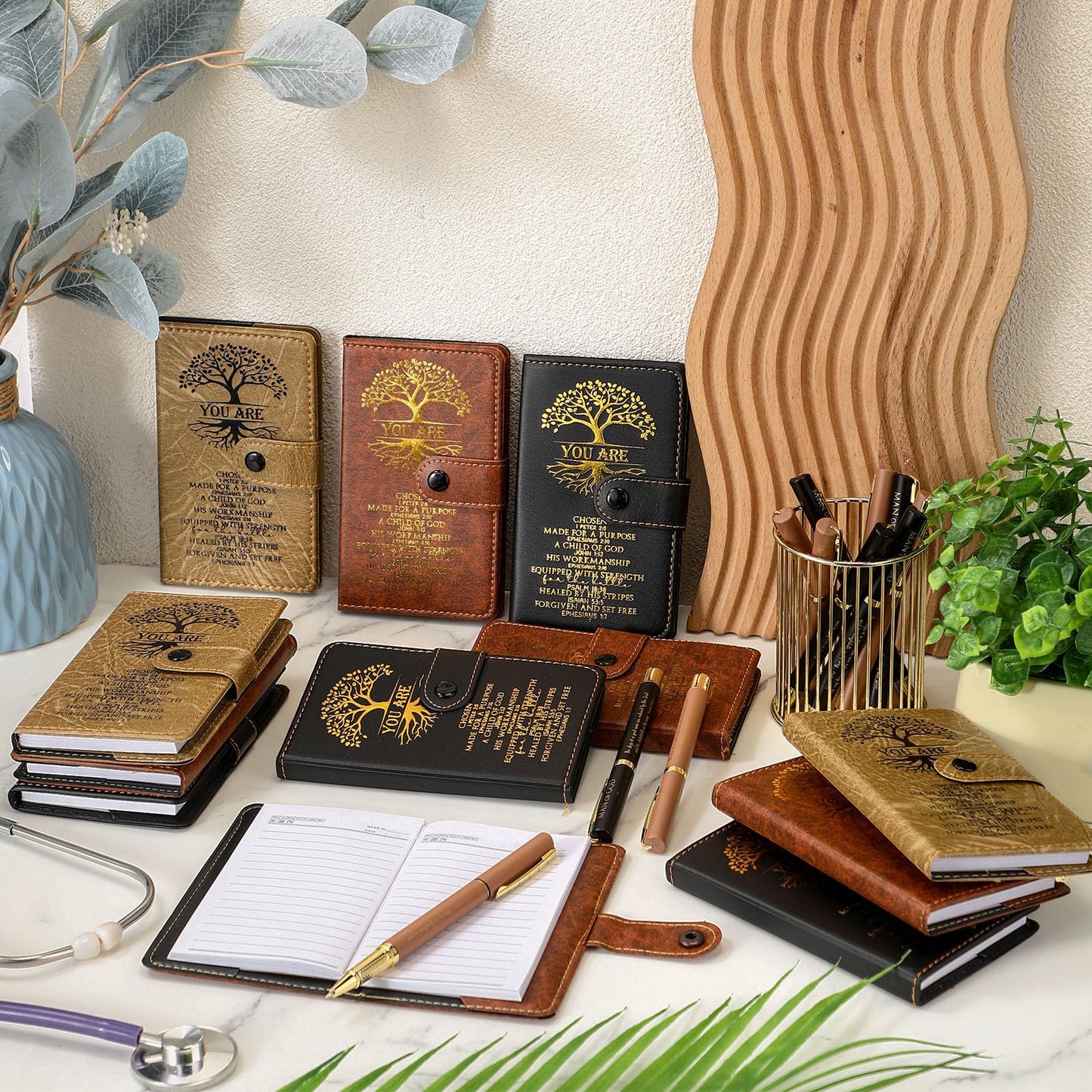 Thenshop 24 Set Christian Father's Day Church Gifts Tree of Life Leather Prayer Journal Man of God Notebook Religious Notepad with Pen Baptism Gift for Pastor Dad Men (Black Brown)