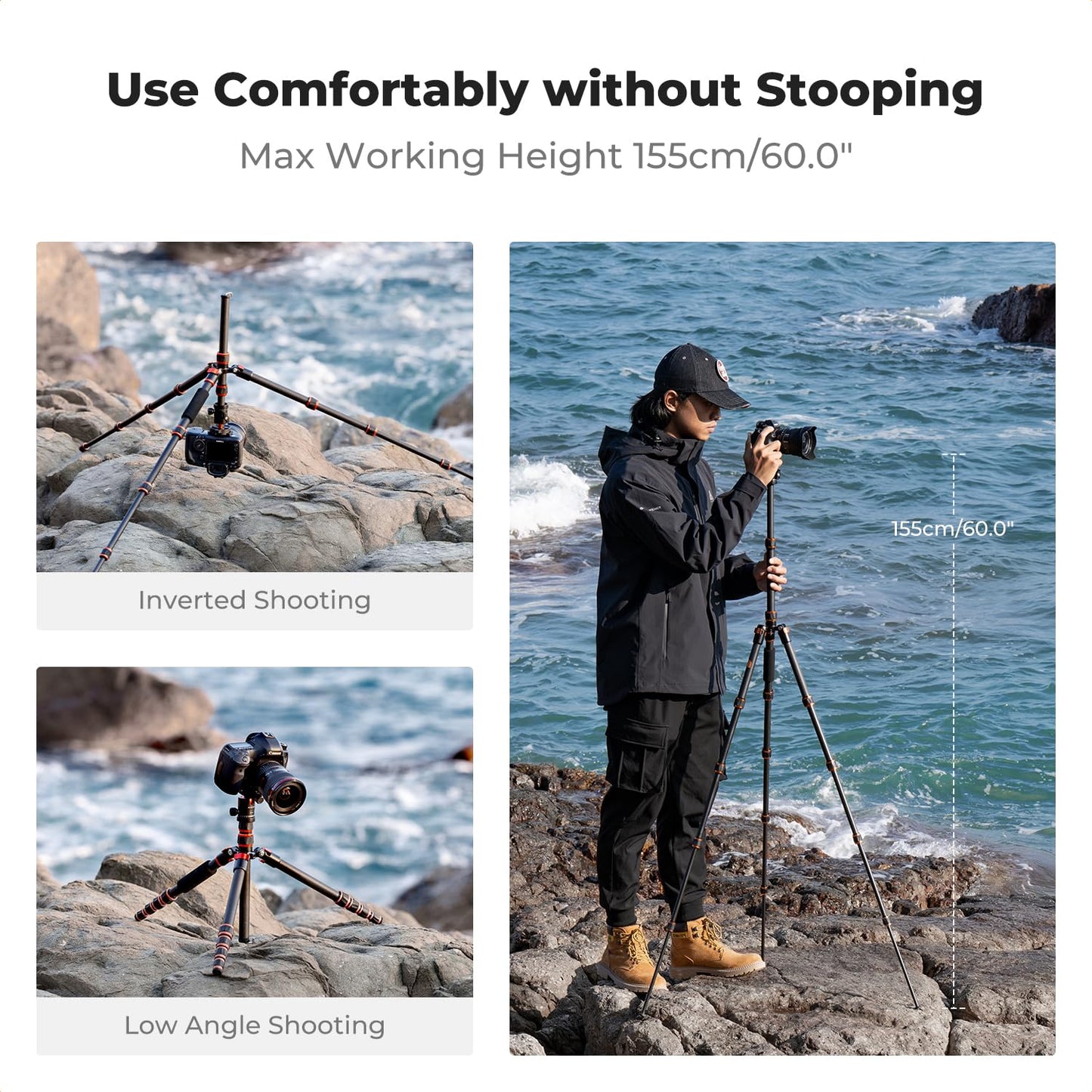 K&F Concept 60 inch Carbon Fiber Camera Tripod,Super Lightweight Compact Travel Tripod with 360 Degree Ball Head,Quick Release Plate,Detachable Monopod 8KG Load Capacity for SLR DSLR C225C0 (BA225)