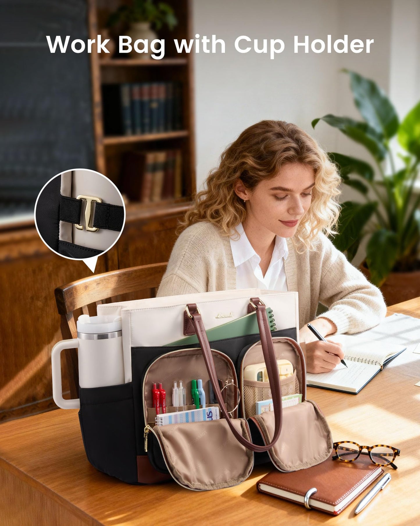 LOVEVOOK Work Tote Bag with Lunch Compartment & Cup Holder, 15.6" Laptop Lunch Bag Combo for Women,Large Work Tote for Teacher, Nurse & Office Commuter