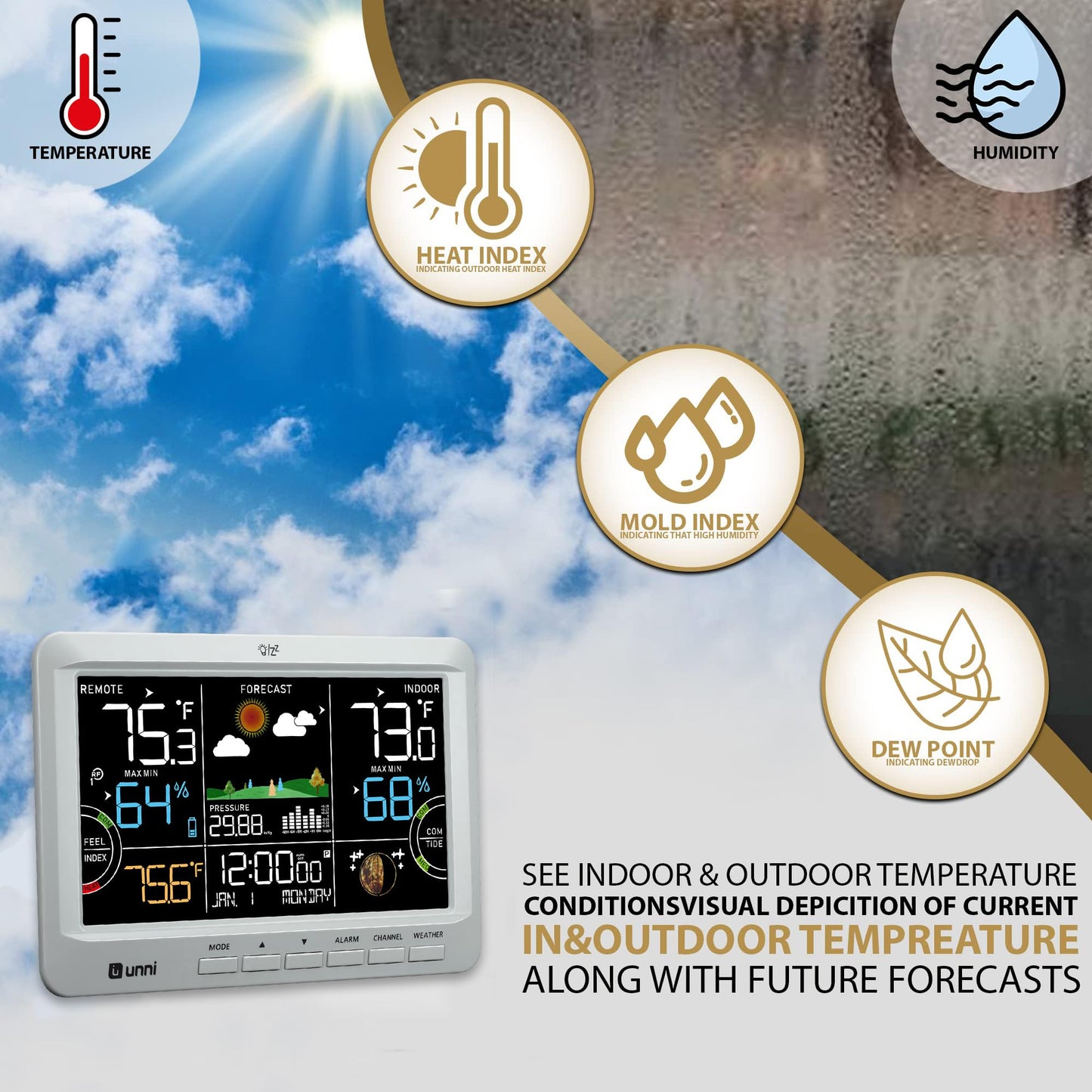 U UNNI Weather Station Wireless Indoor Outdoor Thermometer with Heat Dew Mold, Thermometer Inside Outside with Calendar and 3 Adjustable Backlight