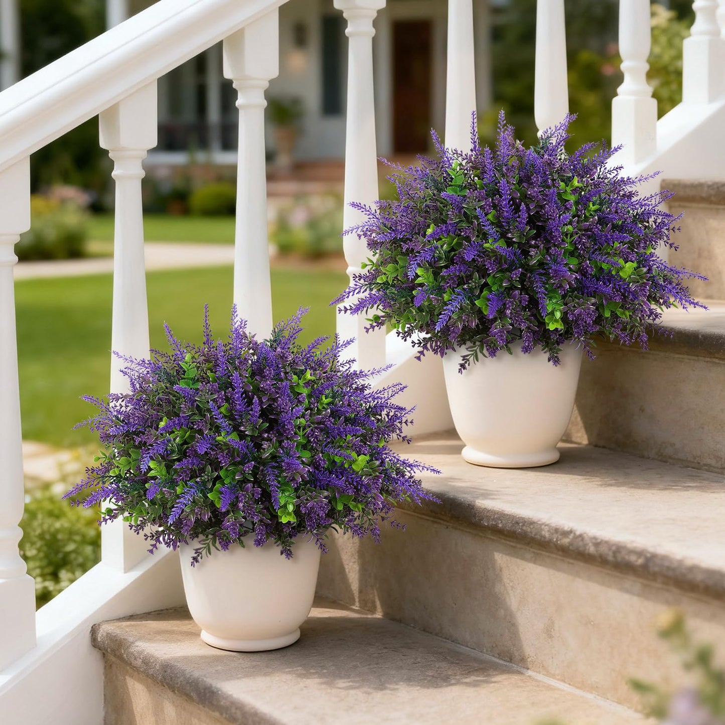 2 Sets Artificial Eucalyptus & Lavender Topiary Trees for Front Door - Faux Lavender Potted Topiary Trees, UV Resistant Fake Outdoor Plants for Farmhouse Porch Garden Decor