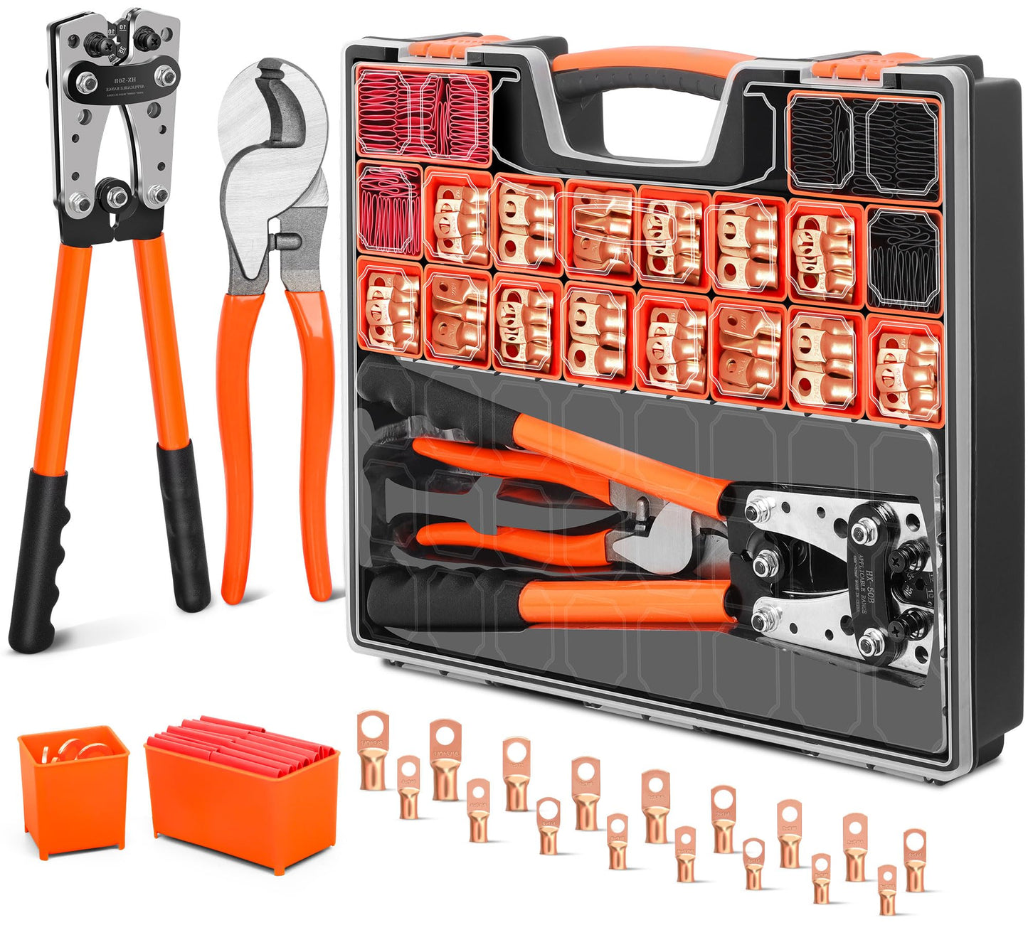 Kuject Battery Cable Lug Crimping Tool Kit with Copper Wire Lug AWG 1 2 4 6 8 1/0 Gauge, Wire Crimper for AWG 10-1/0 with Cable Cutter, 110PCS Battery Cable Ends with 110PCS 3:1 Heat Shrink Tubing