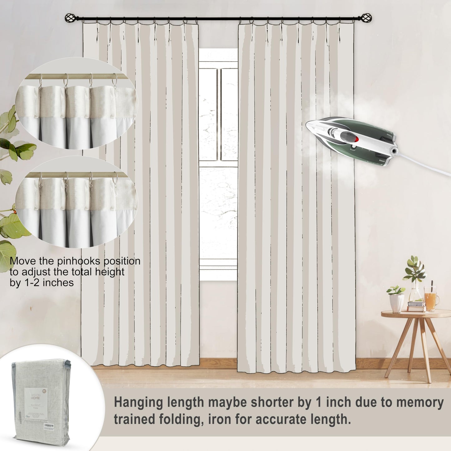 Vision Home Natural Pinch Pleated Full Blackout Curtains Linen Blended Room Darkening Window Curtains 90 inch for Living Room Bedroom Thermal Insulated Pinch Pleat Drapes with Hooks 1 Panel 60"Wx90"L