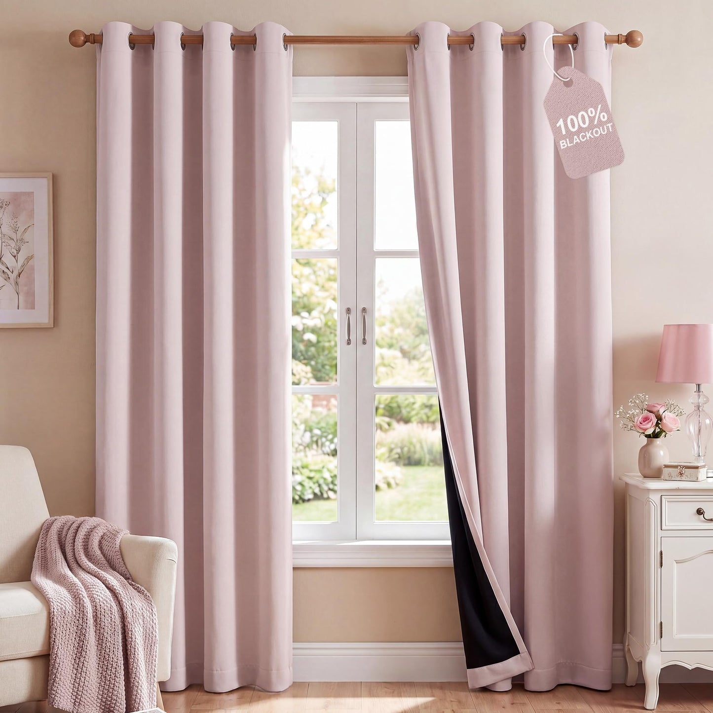 NICETOWN 100% Blackout Window Curtain Panels 84" Long, Blush Pink, 2 Pieces, 52 inches Wide Each Panel, Heat and Cold Blocking Drapes with Black Liner for Nursery, Thermal Insulated Draperies
