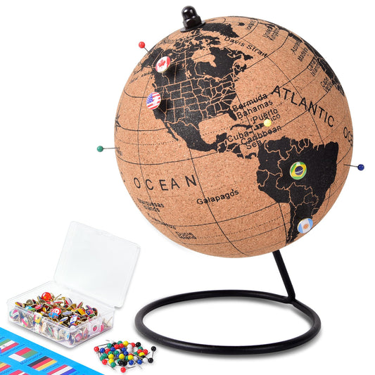 6" Cork Globe with 100 National Flag Pins & 50 Colored Push Pins – Cork World Map with Rotating Stand – Pin Globe for Travel Tracking, Home or Office Decor – Gift for Couples & Families(DH-DQY-145)