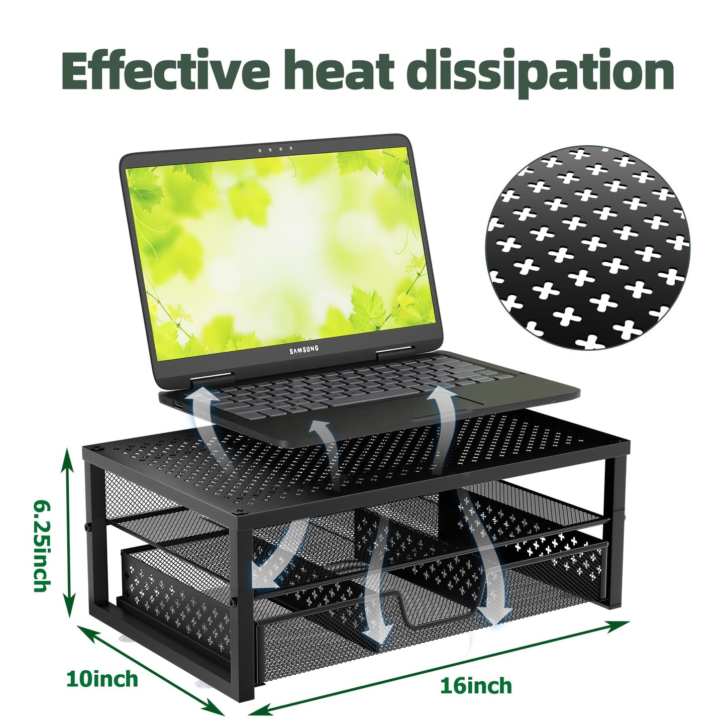 Simple Trending 2 Pack 2 Tier Metal Monitor Riser Stand and Computer Desk Organizer with Drawer, Black