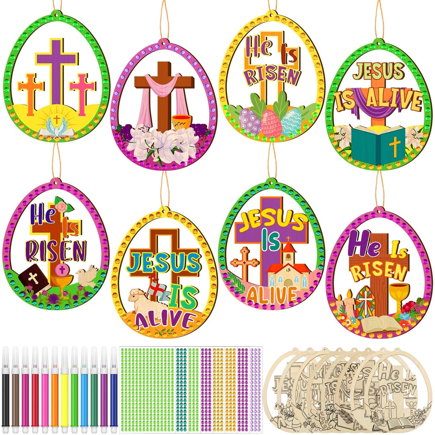 Wovnet 48 Pcs Wooden Craft Kit Make Your Own Ornaments Christian Religious Craft with Gem Sticker for Holiday Church Party Decoration Supplies (Mother's Day)