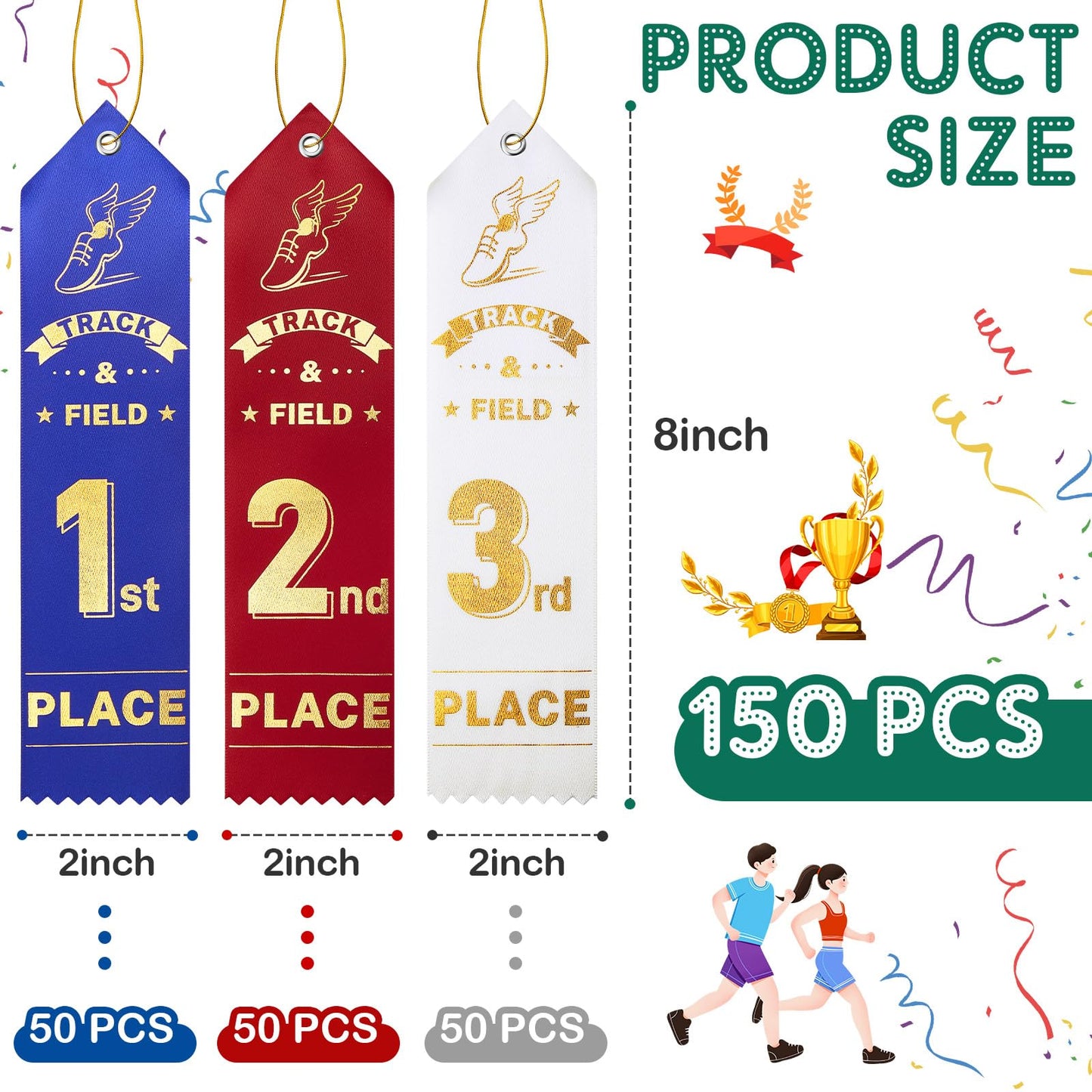 Lyrow 150 Pcs Track and Field Ribbons Education Award Ribbons 1st 2nd 3rd Place Flat Carded Set Prize Ribbon First Place Prizes with Event Card and Rope for Competition, Blue Red White