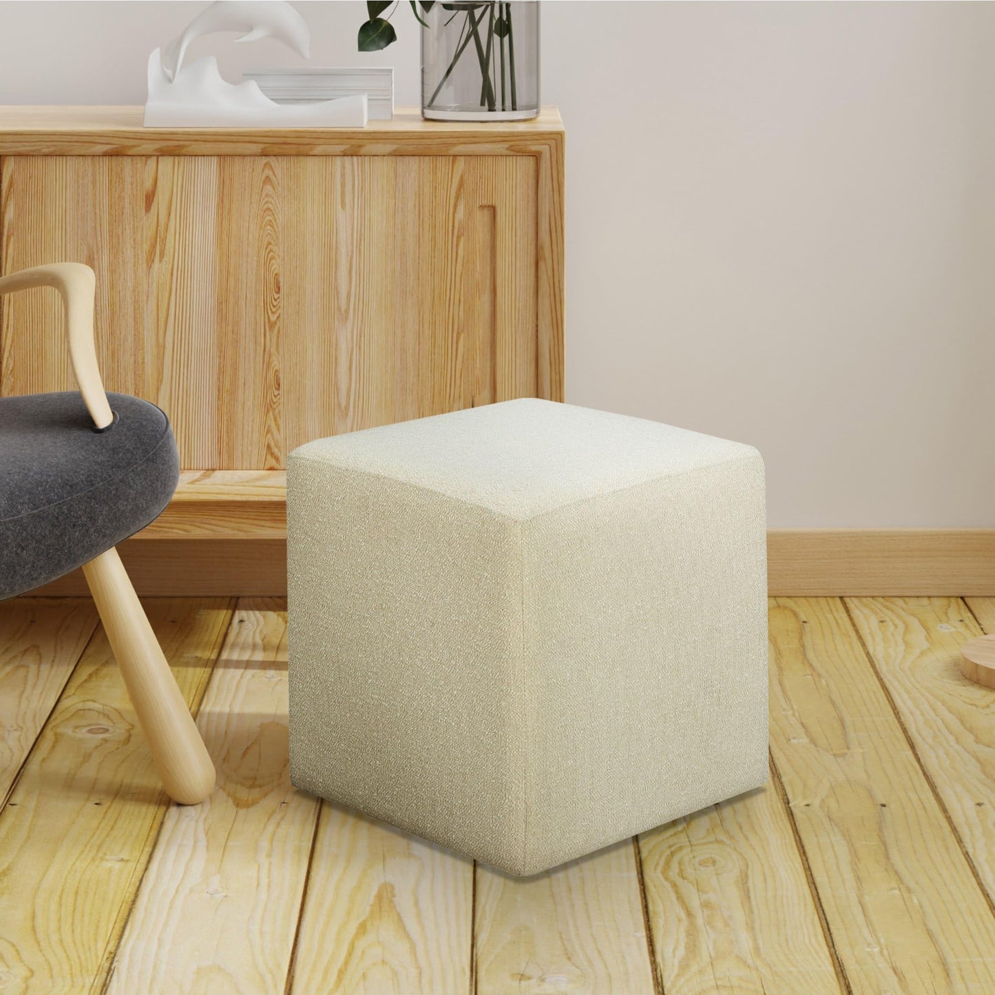 Lifestyle Solutions 18” Warren Ottoman Square Elegant Boucle, Stationary Ottomans, Backless Chair, Footrest for Living Room, Footstool Office, Bedroom, Padded Seat, Snow White Ivory