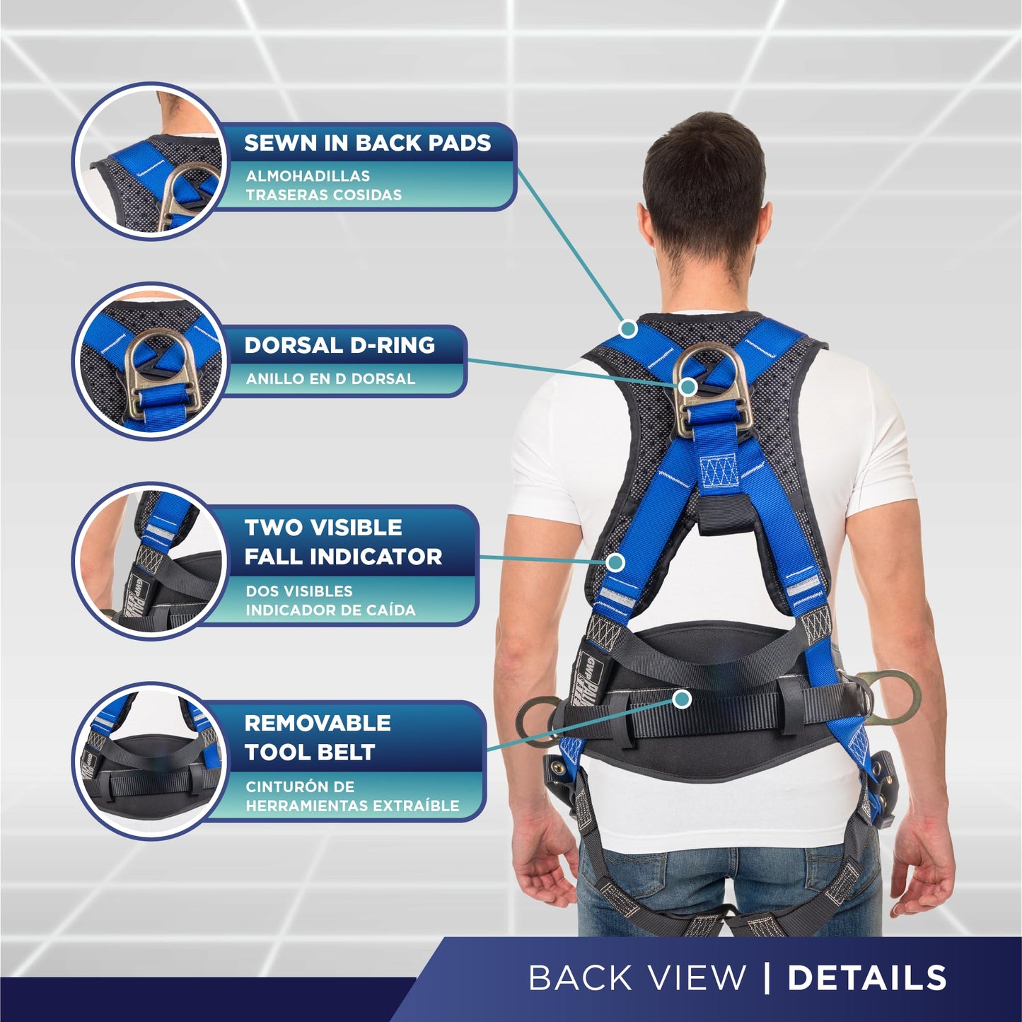 Palmer Safety Fall Protection Full Body 5 point Harness, Padded Back Support, Quick-Connect Buckle, Grommet Legs, Back&Side D-Rings, OSHA ANSI Industrial Roofing Tool Personal Equipment (Blue - XLG)