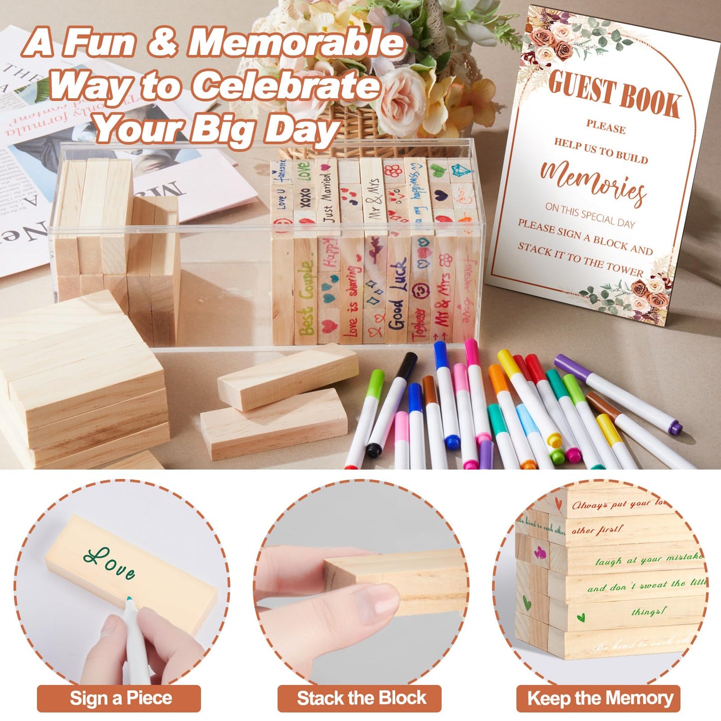 Beeveer 80 Pcs Wedding Guest Book Alternative Wooden Block Guest Book for Wedding Sign in Bridal Shower Decoration 54 Pcs Wooden Block Bridal Shower Game for Sign in, Reception(Rustic)