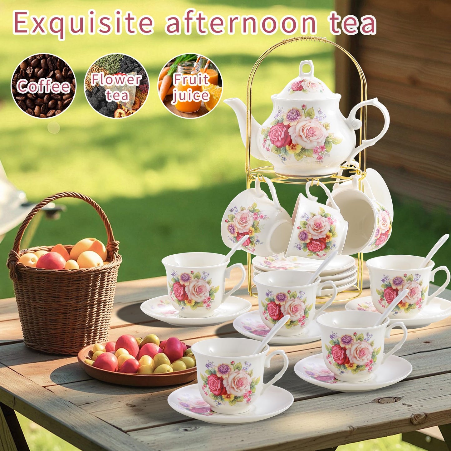 20-Pieces Porcelain Bone china Tea Sets,Gold Rim Coffee Set with Golden Metal Rack,Tea Gift Sets for Home&Party (008)