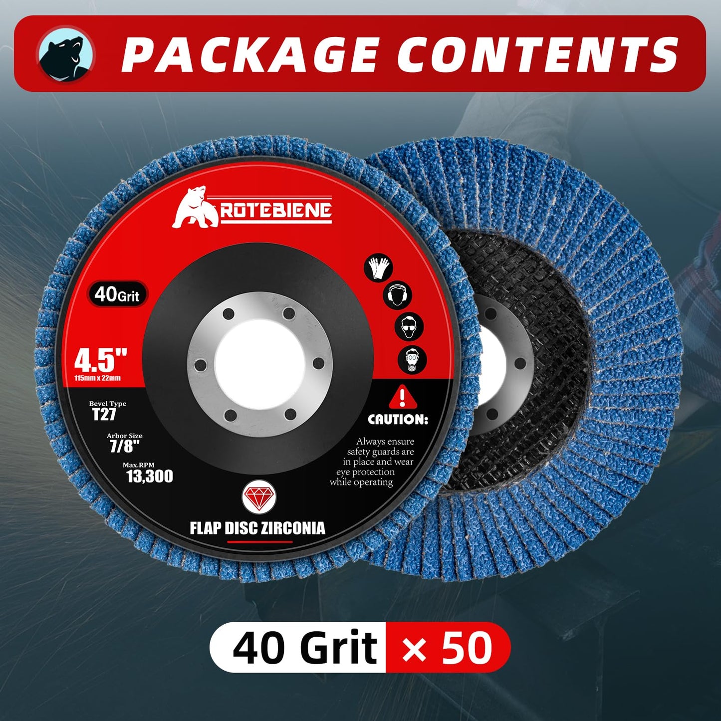 50 Pack 40 Grit Zirconia Flap Discs 4.5" x 7/8" T27 for 4 1/2 Inch Angle Grinder Flap Wheels Heavy-Duty Grinding & Sanding Discs for Metal, Wood, Stainless Steel
