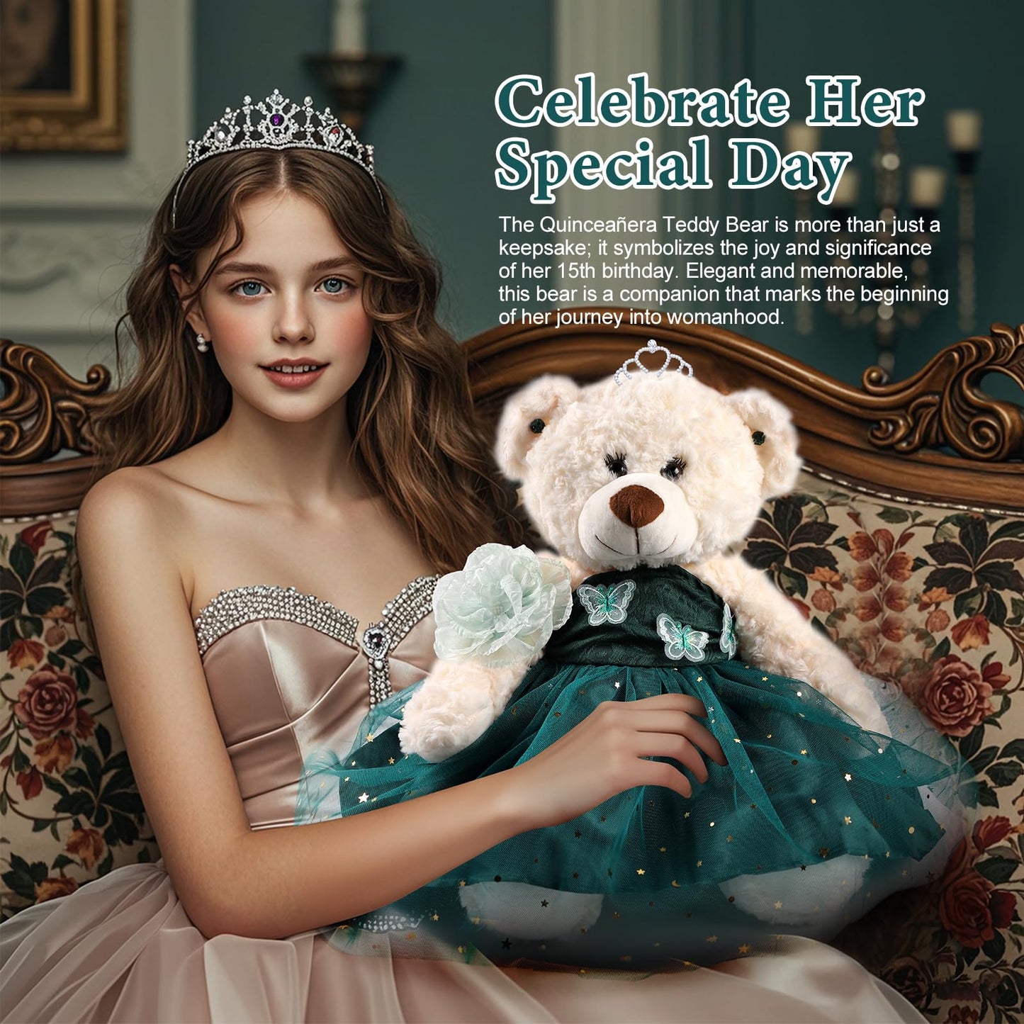 Cisina Quinceanera Doll Quince Teddy Bear with Dress,Quinceanera Decorations for Girls Gifts,OSO De Peluche para 15 Años Con Vestido,Centro De Mesa Muñecas para 15 Años Quinceañeras-Emerald Green