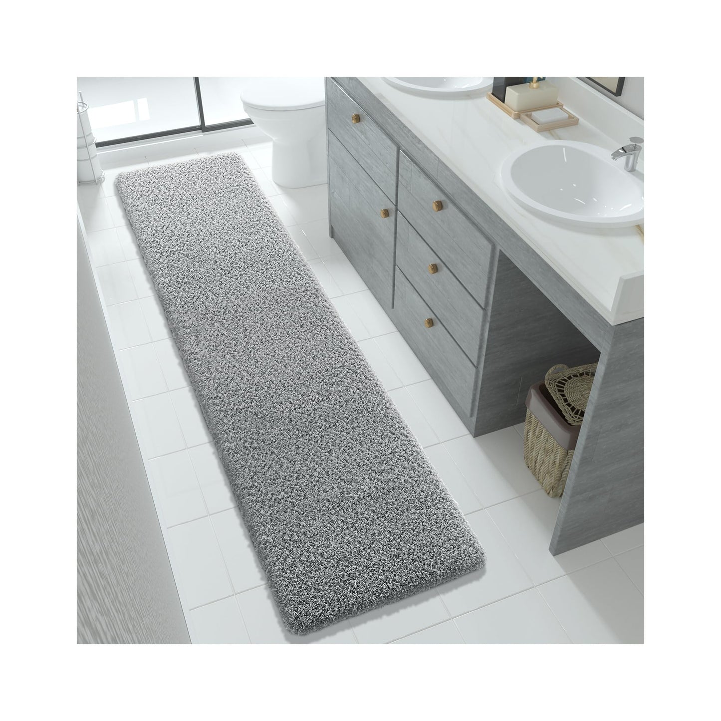 Yimobra Fluffy Plush Bath Rug, Super Shaggy Soft Comfortable Non Slip, Water Absorbent Microfiber Bath Mat, Dries Quickly, Machine Washable Thick Bathroom Rugs for Shower, 70"x 24", Pure Gray
