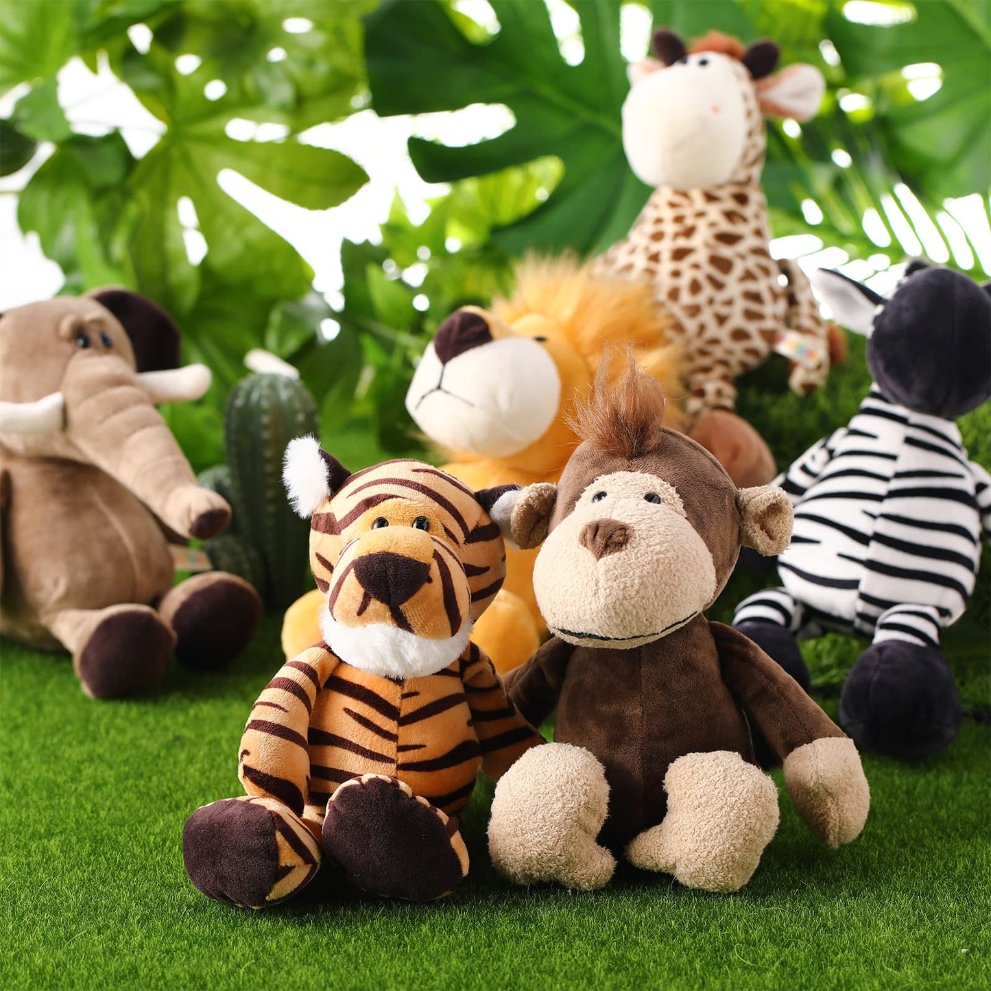 12 Pieces Safari Stuffed Animals 11.8 Inch Jungle Animal Toys Set for Boys Girls Plush Forest Lion Elephant Zebra Giraffe Tiger Monkey for Zoo Party Teacher Student Award (Cute Style)