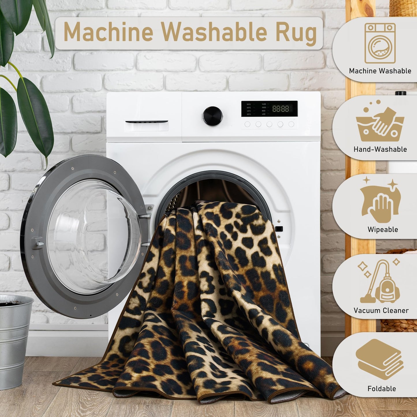 Foxmas Leopard Area Rugs for Living Room, 5x7 Feet Machine Washable Cheetah Print Rug, Non-Slip Indoor Floor Animal Rug, Carpet for Bedroom Dining Room Laundry Room Kitchen Home Office, Dark Brown