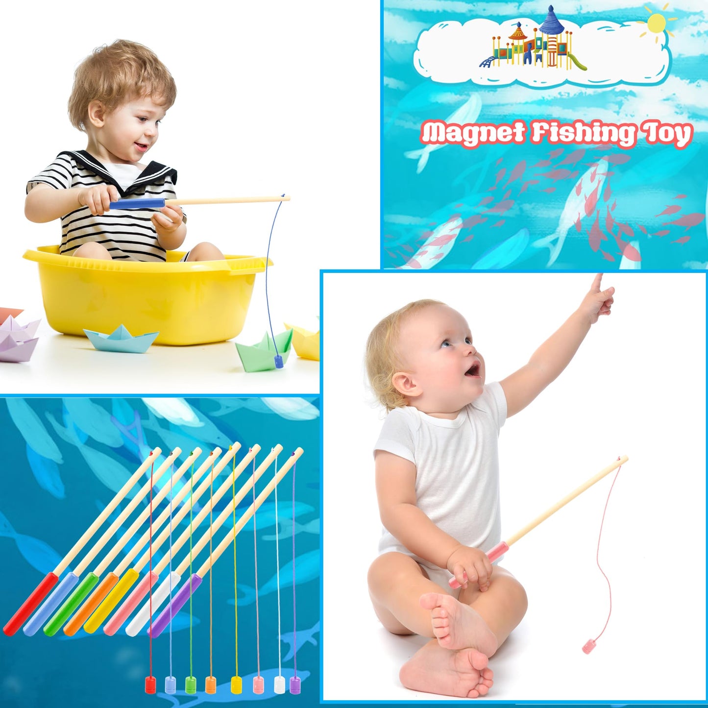 40 Pcs 10 Inch Kids Magnetic Fishing Poles Wooden Magnetic Fishing Rods Colorful Wooden Fishing Games for Kindergarten Boys Girls Fishing Game Birthday Gifts, 8 Colors