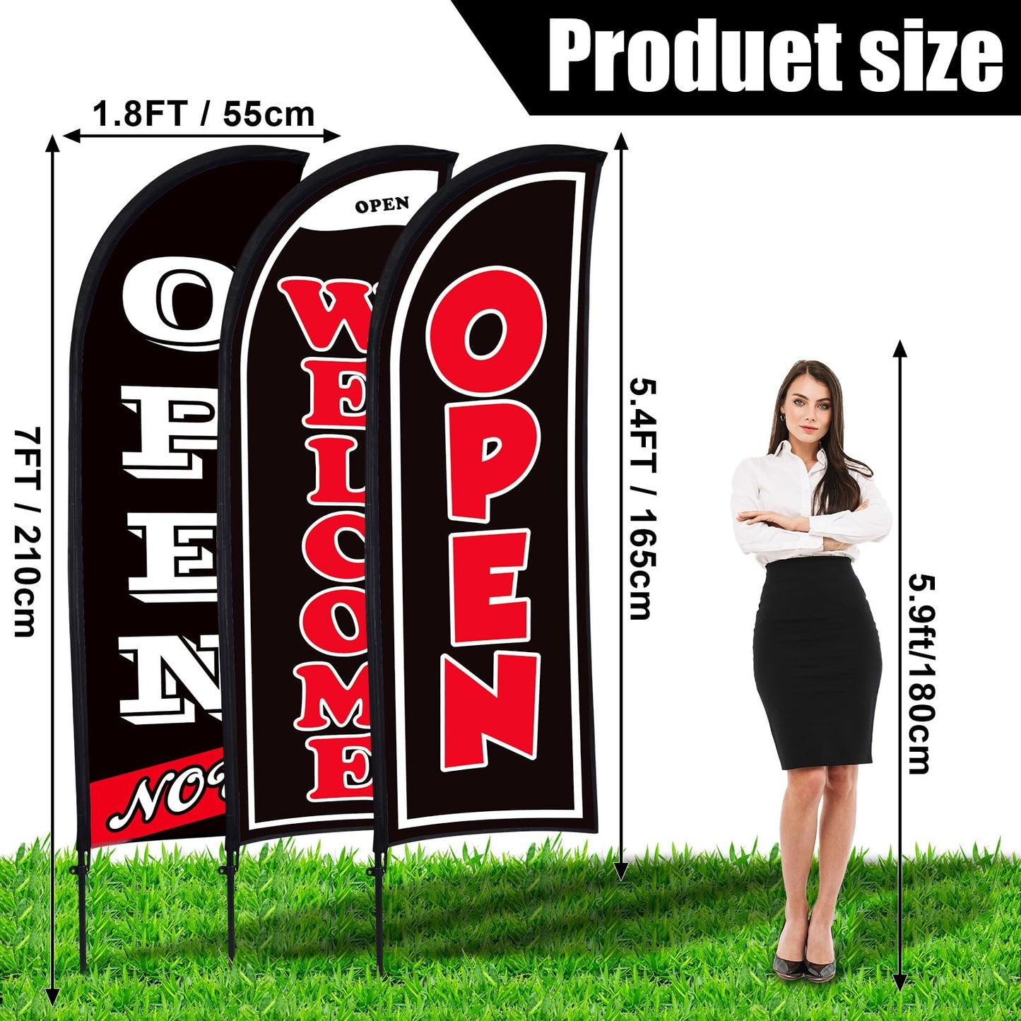 Buryeah 3 Sets Now Open Feather Flag Banner for Business Advertising 7 Feet Tall Grand Opening Feather Flag Sign with Fiberglass Pole Kit Rotating Ground Spike and Portable Bag (Black)