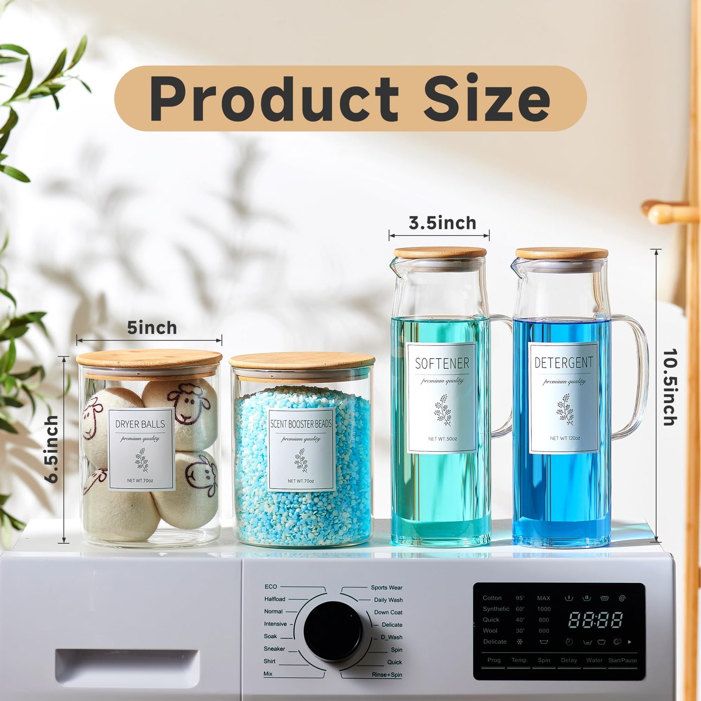 Glass Laundry Detergent Dispenser Set - 2x50oz & 2x70oz Borosilicate Containers with Bamboo Lids, Handle& Labels, Stores Powder,laundry pods,Fabric Softener, for Laundry Room organization and Decor