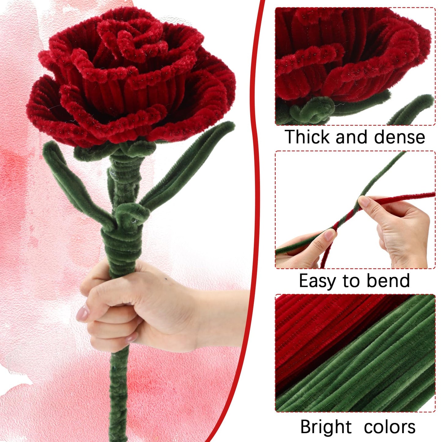 DaisyInner 500 Pcs Tulip Pipe Cleaners Flower Making Kit DIY Craft Supplies with Red & Green Chenille Stems, Floral Wires, Stamens, Glue Sticks for Handmade Bouquet, Art Projects, Home Decor