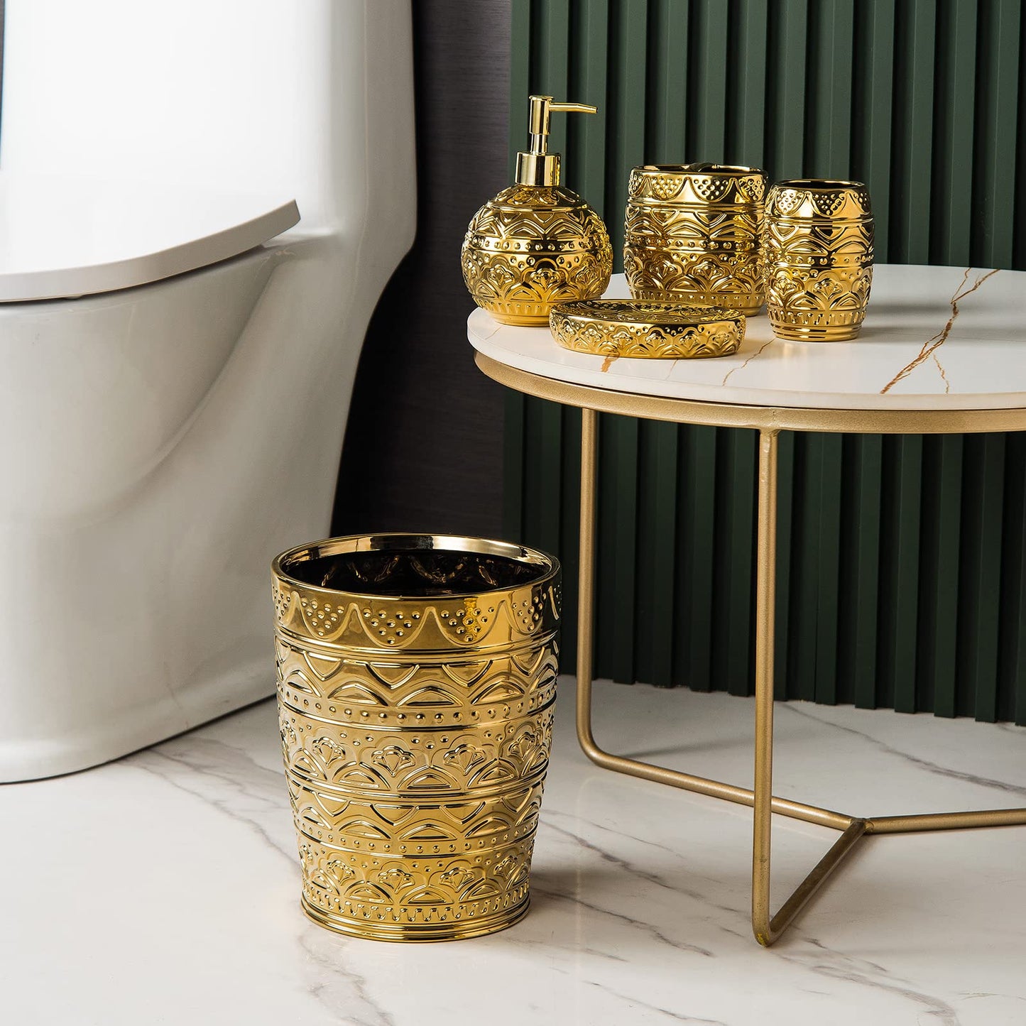RXLVCKY Round Ceramic Small Trash Can Wastebasket, Garbage Container Bin for Bathrooms, Powder Rooms, Kitchens, Home Offices - Durable - Gold Christmas Decor