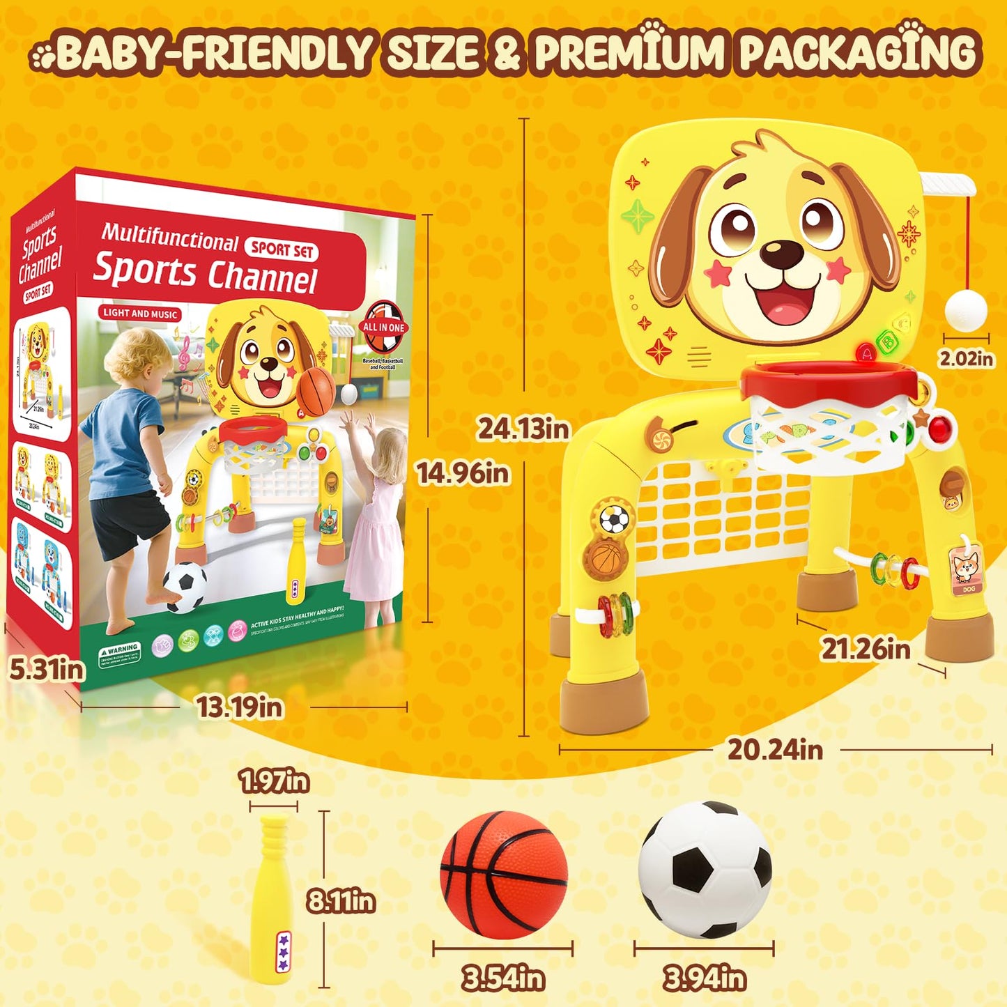Toys for 1 Year Old Boy - Toddler Basketball Hoop & Soccer Goal & Baseball Activity Center with Light Sound Music, Puppy Montessori Sports Toy, Christmas Birthday Gift for Baby 12-18 Months, Yellow