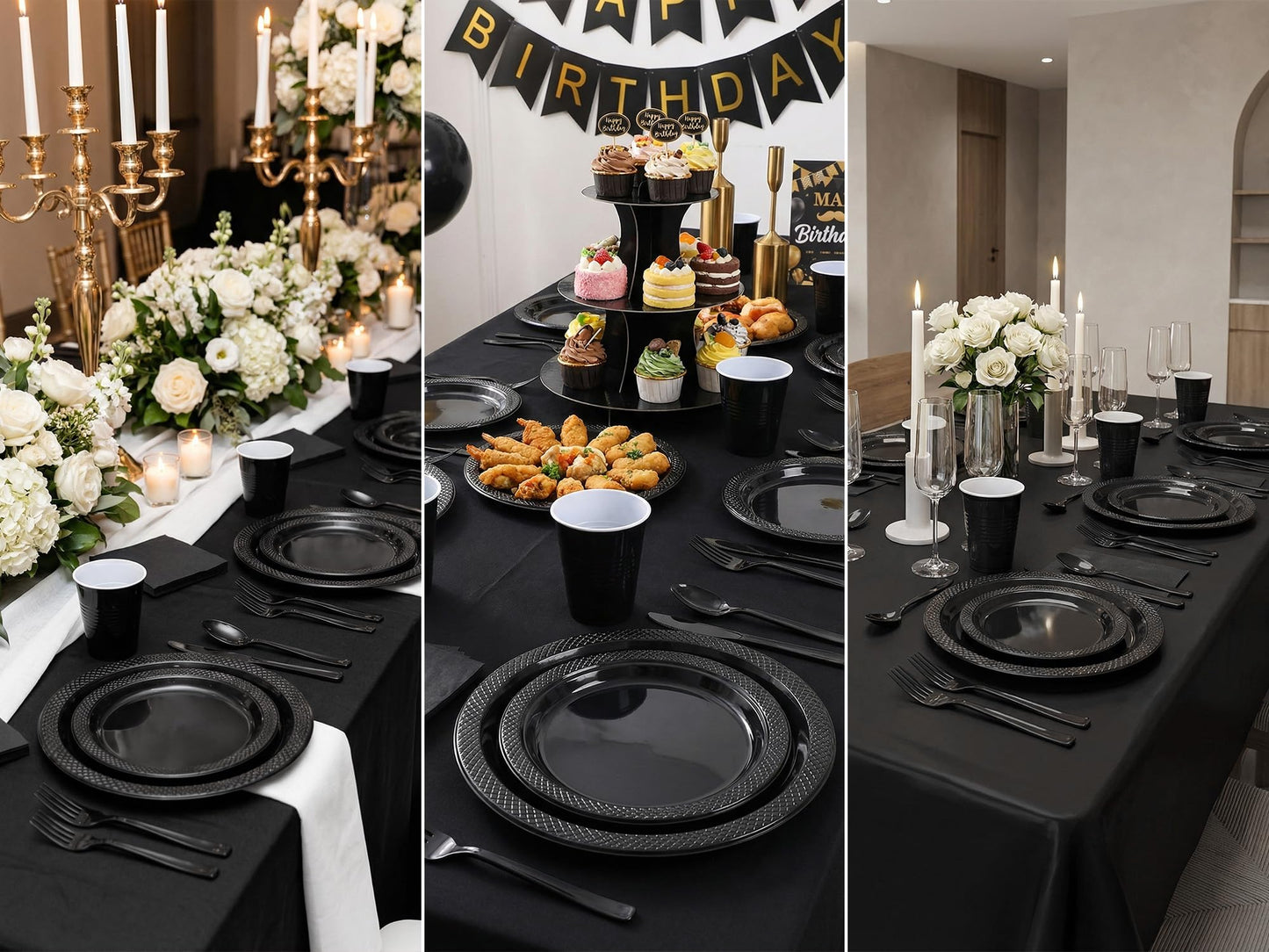 352 Pcs Black Plastic Plates Party Set, 50 Guests Disposable Dinnerware Set with Black Tablecloths, Elegant Black Plastic Plates Party Set for Wedding/Corporate Event/Formal Dinner/Gala