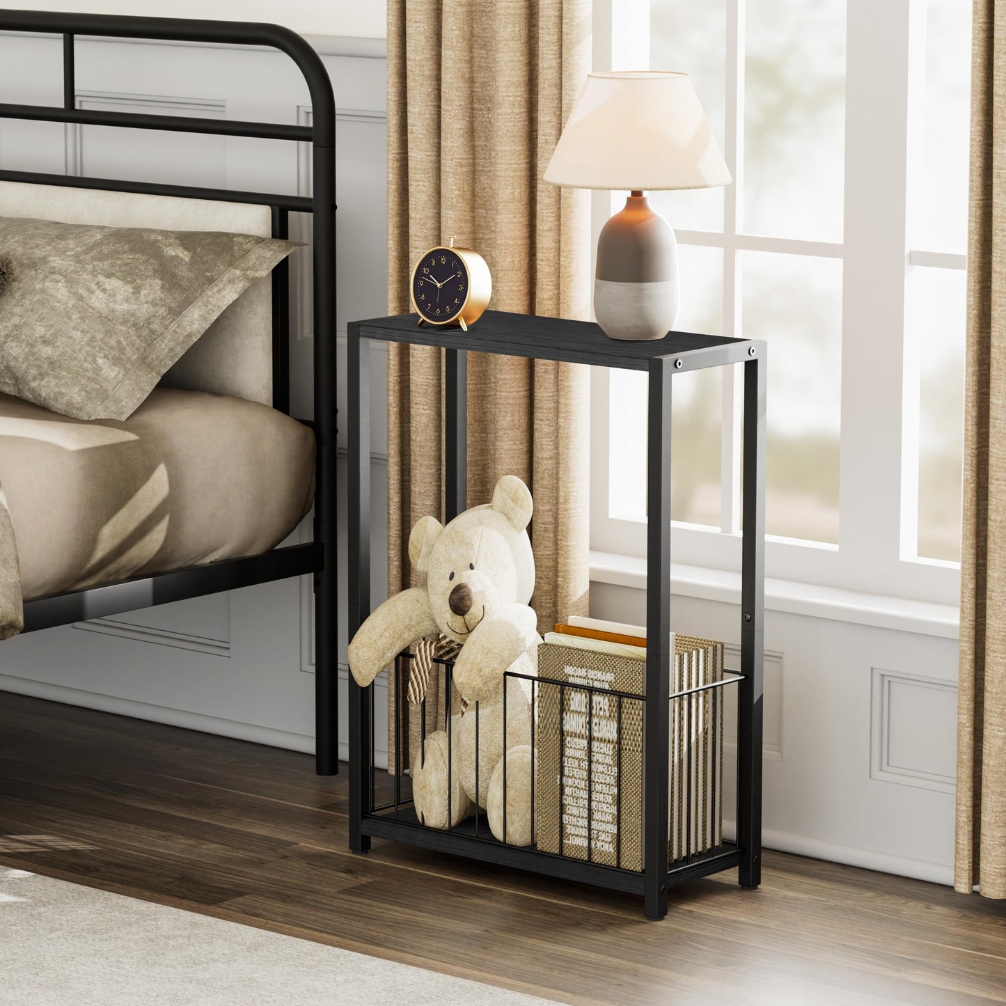 Homleke Narrow Side Tables Set of 2 with Magazine Holder, Skinny End Tables Perfect for Small Spaces, Space-Saving Design for Living Room, Bedroom, or Office, 7.1" D x 16.9" W x 23.6" H, Black