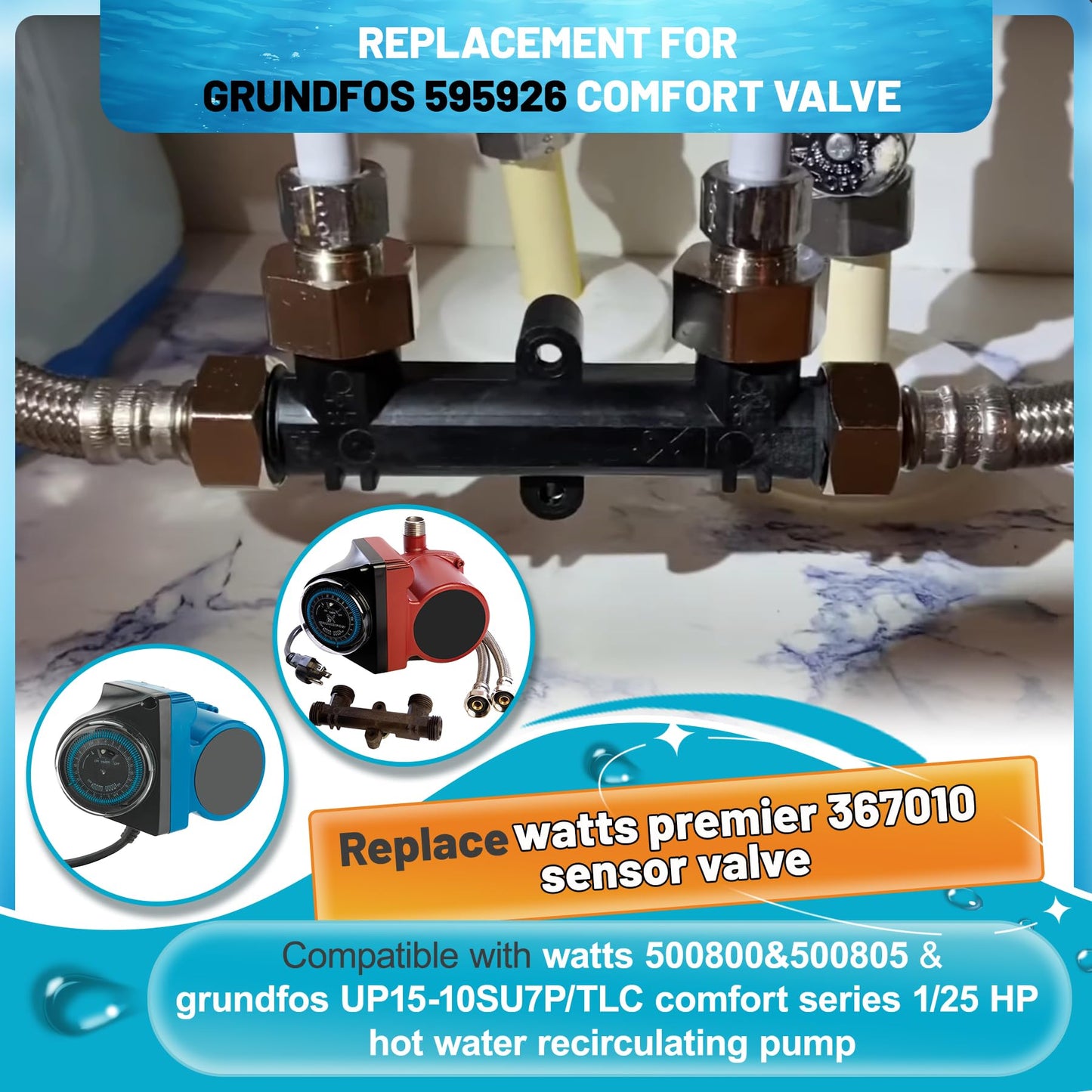 595926 Sensor Valve Fit for watts premier 500800&500805 and grundfos up Comfort Series Instant Hot Water Recirculating Pump System 367010 Thermal Bypass Bridge Valve Five Year Warranty