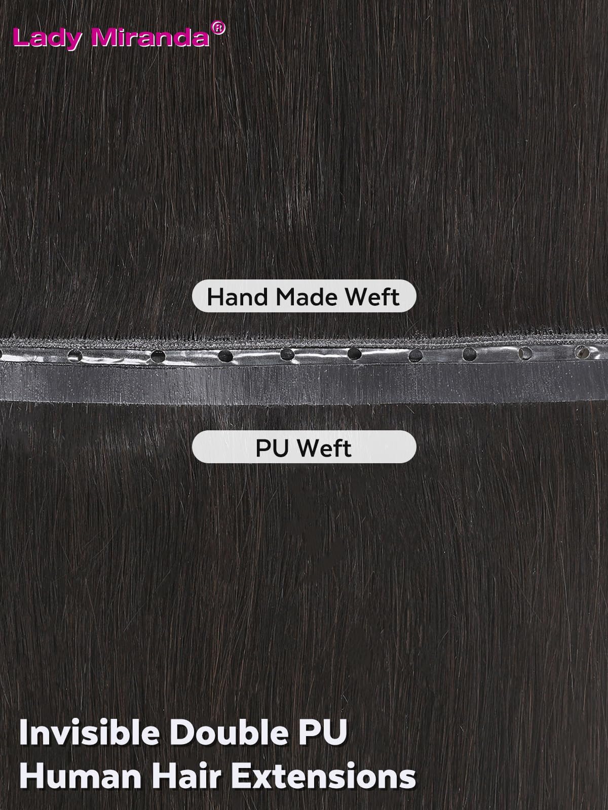 LADY MIRANDA Double Sided PU Invisible Weft Human Hair Extensions 18 Inch 100G Natural Black Micro Ring PU Hair Extensions Twin Tabs Invisible Weft Tape in Extensions with Micro Beads(1B, 18 Inch)