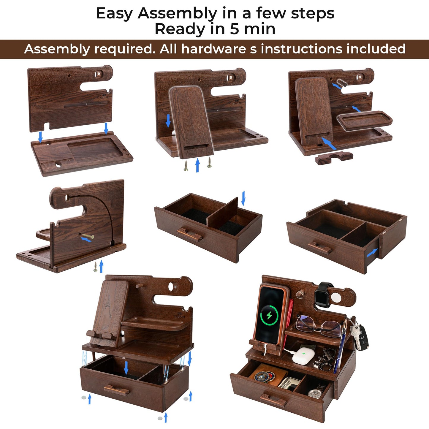 TESLYAR Wood Phone Docking Station with Drawer - Nightstand organizer- Desk Organizer for Husband - Birthday gifts for Men or Dad - Idea for Anniversary - Key Holder Stand Watch & Accessories (Brown)