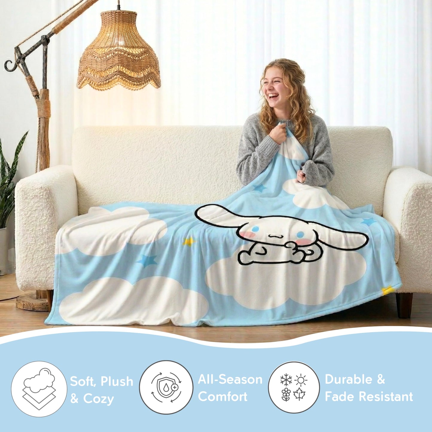 Cinnamoroll Bedding Super Soft Cozy Blanket, 62 in x 90 in, Kawaii Collectible Gift, (Officially Licensed Product) by Franco