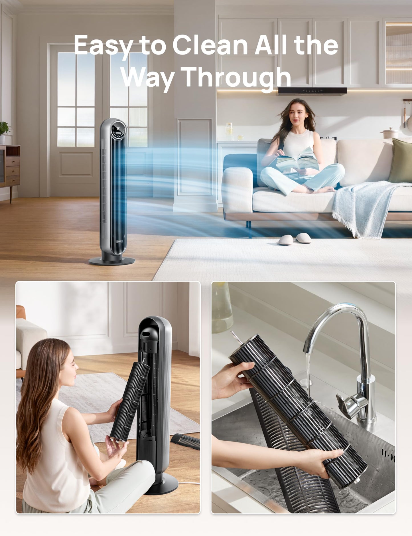 DREO Bladeless Tower Fan - 25ft/s, 4 Speeds, 4 Modes, 90° Oscillation, 8H Timer, Ultra Quiet for Bedroom, Indoors, Silver (Tower Fan 307)