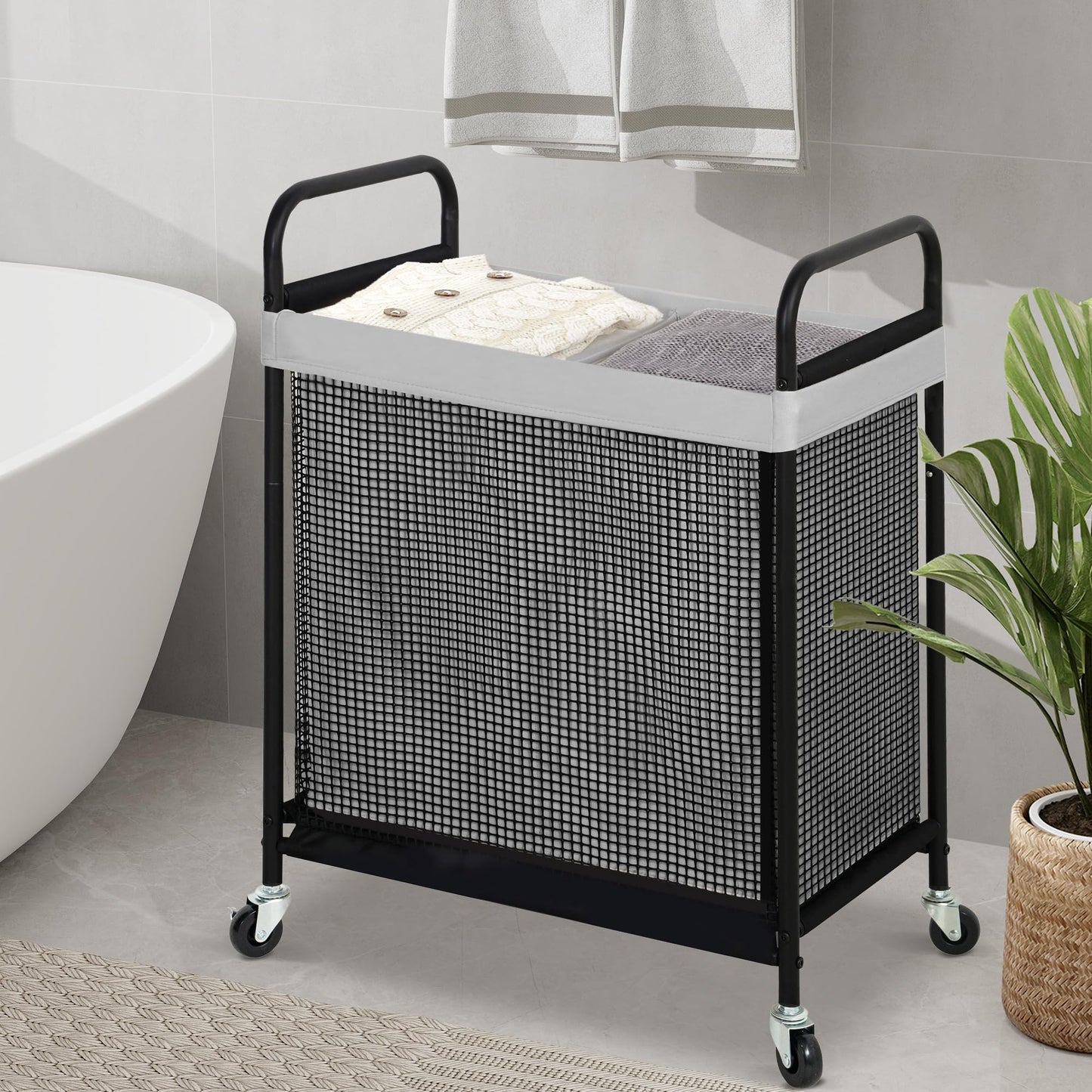 STO STO Laundry Hamper 2 Section, 100L Rolling Laundry Sorter Cart with Removable and Washable Liner Bag, Clothes Hamper with Wheels and Metal Handle for Laundry Room and Bedroom, Gray