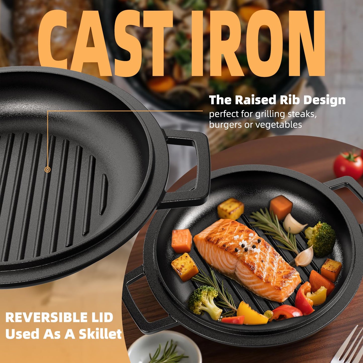 2-in-1 Pre-Seasoned Cast Iron Double Dutch Oven Pot with Skillet Lid & Silicone Sleeves – Raised Rib Skillet Lid– Umite Chef 7QT Cast Iron Skillet Cookware Pan Set wirh Dual Handles – Oven, Grill, Campfire & Stovetop Safe –PFAS-Free