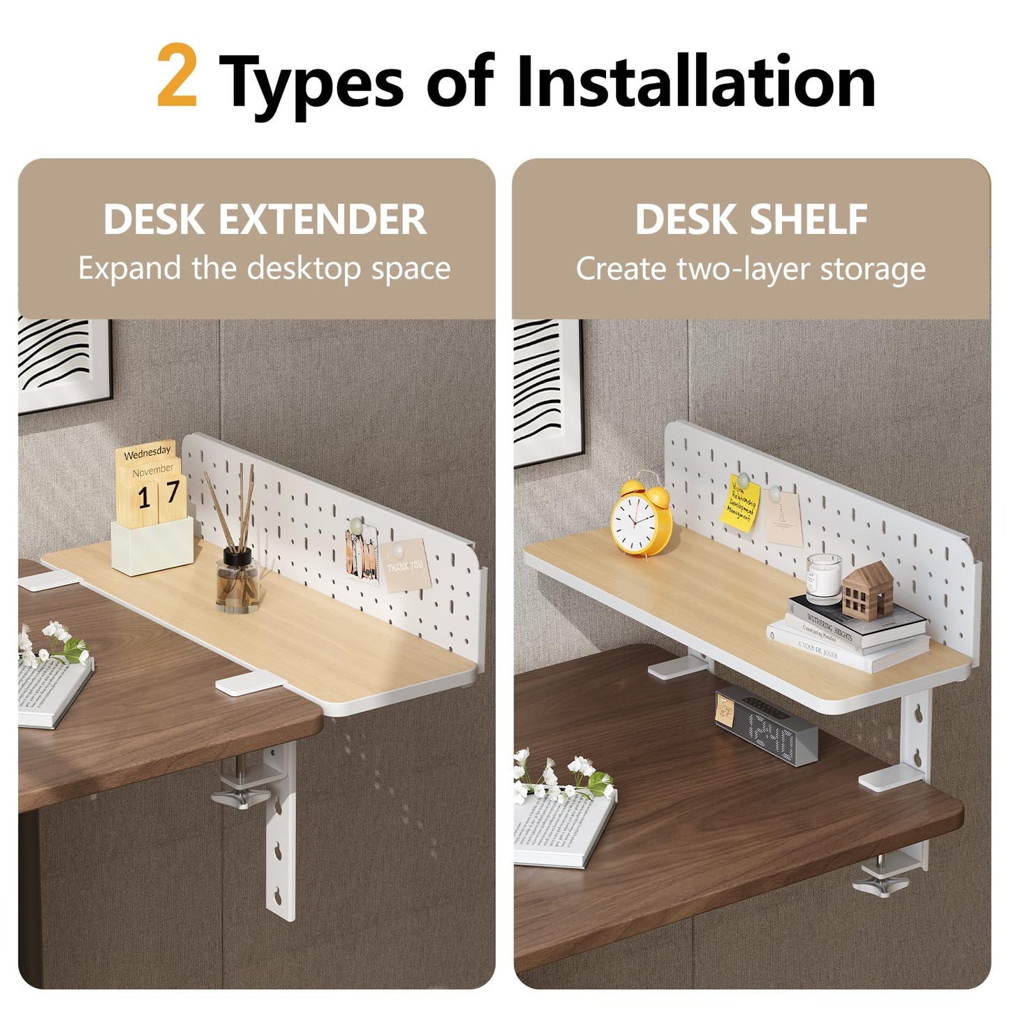 JYLH JOYSEEKER 3 in 1 Clamp-on 22"×7.5" Desk Extender, Heavy-Duty Side/Top Desk Organizer Shelf, Adjustable Desktop Storage for Office Accessories, Monitor and Laptop Riser, Pegboard Included