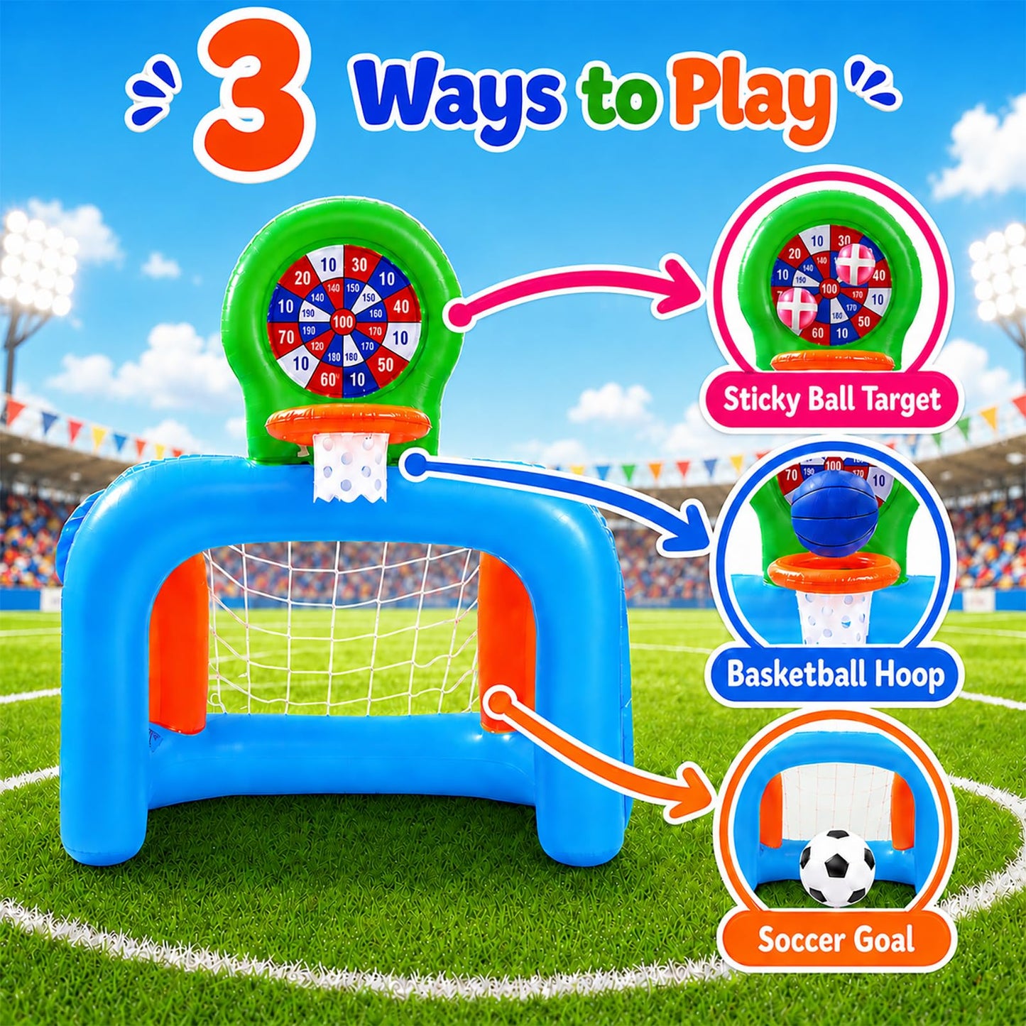 NIBBaNACAL Inflatable Toddler Sports Center – Basketball Hoop & Soccer Goal, 3-in-1 with Sticky Ball Target, Soft & Safe Indoor/Outdoor Set, Ages 2–6
