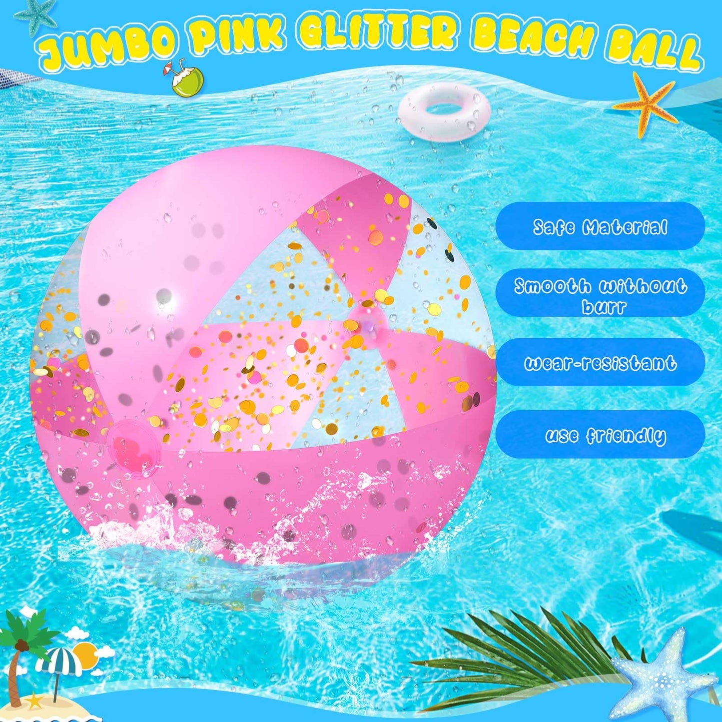 Sosation Giant Pink Inflatable Beach Ball Large Glitter Beach Ball UV Resistant Jumbo Swimming Pool Balls Clear Confetti with a Repair Tape Floatable Balls for Swimming Pool Party Decor