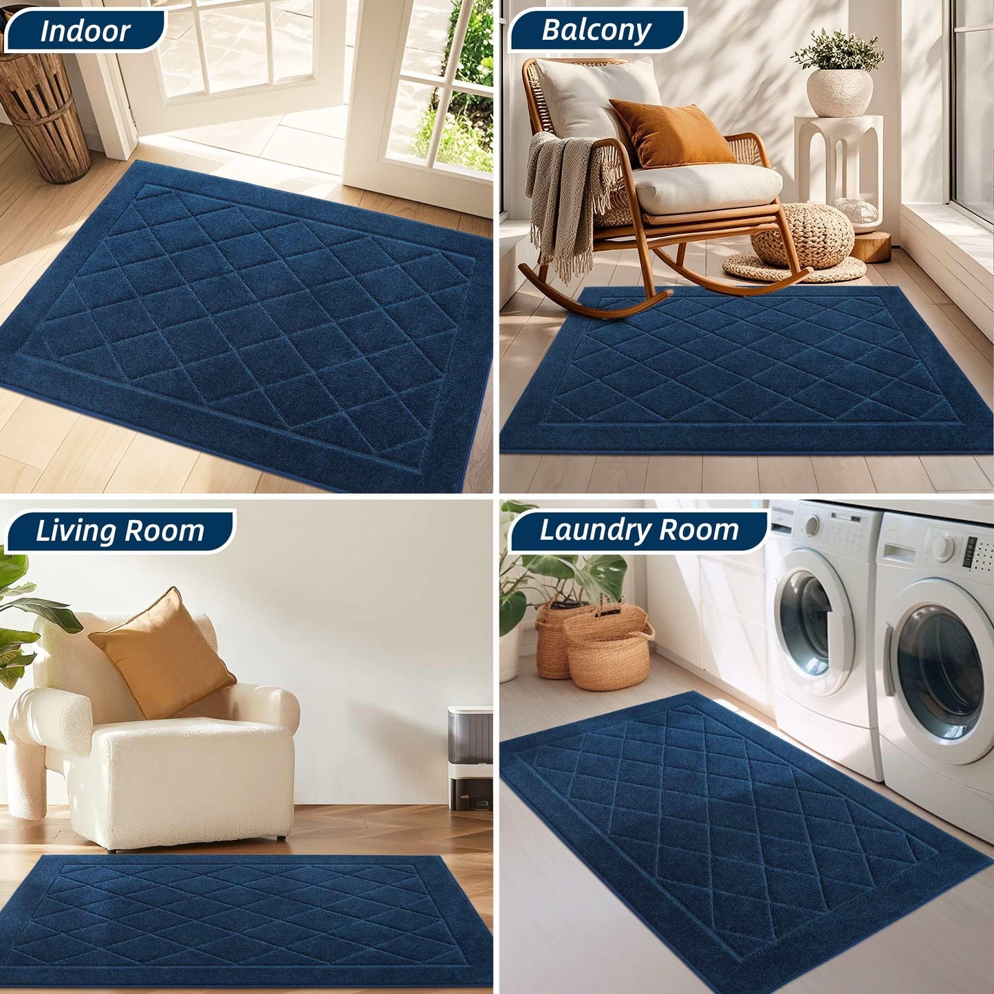 BEQHAUSE Dirt Trapper Door Mat 36" x 60", Doormat Non-Slip Entryway Rugs Washable, Dog Door Mat Stain Resistant and Absorbent Welcome Floor Mat for Front Back Door, Mud Wet Shoes & Paws, Navy Blue