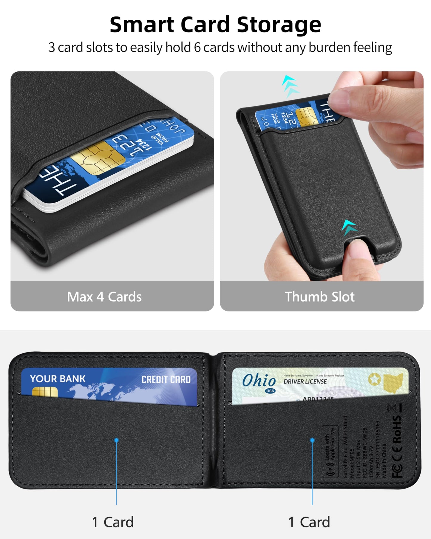 for Magsafe Wallet, Works with Apple Find My, Strongest Magnetic Wallet for iPhone 16/15/14/13/12 Series, for iPhone Wallet with Adjustable Stand, Wallet Tracker, 6 Cards Holder, Vegan Leather, Black