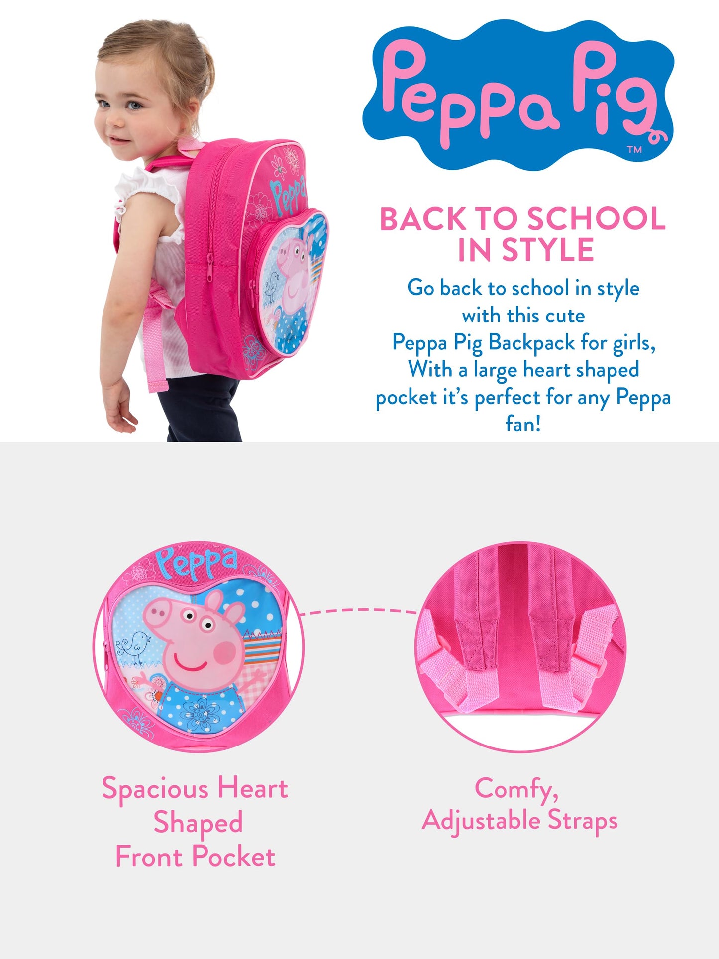 Peppa Pig Backpack | Kids Backpacks for Girls | Pink School Bag