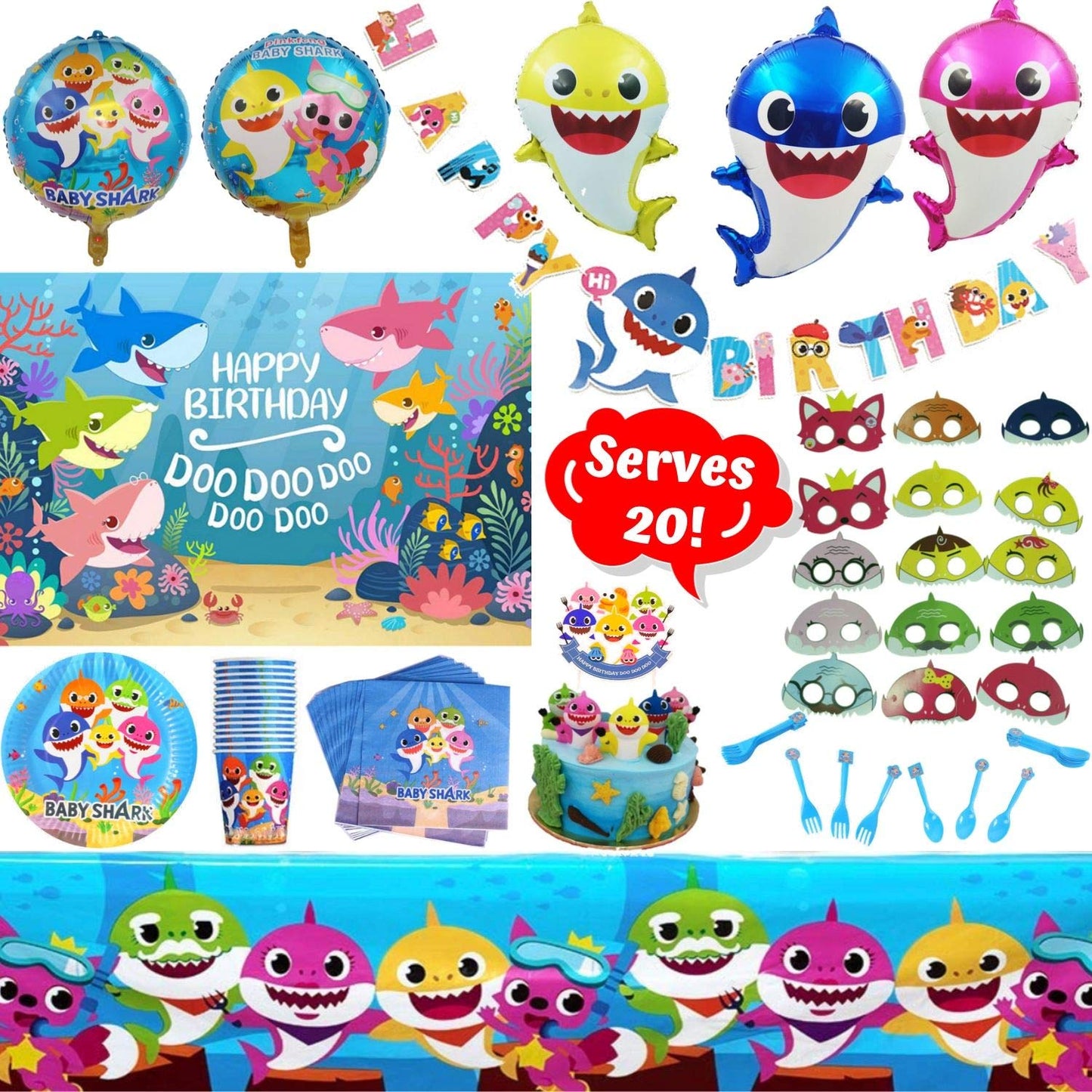Shark Party Supplies Set,124 Piece Shark Themed Birthday Decorations,Includes Disposable/Reusable Tableware Kit, 3'x5' Photo Backdrop, Shark Party Masks and Balloons,Serves 20 Guests