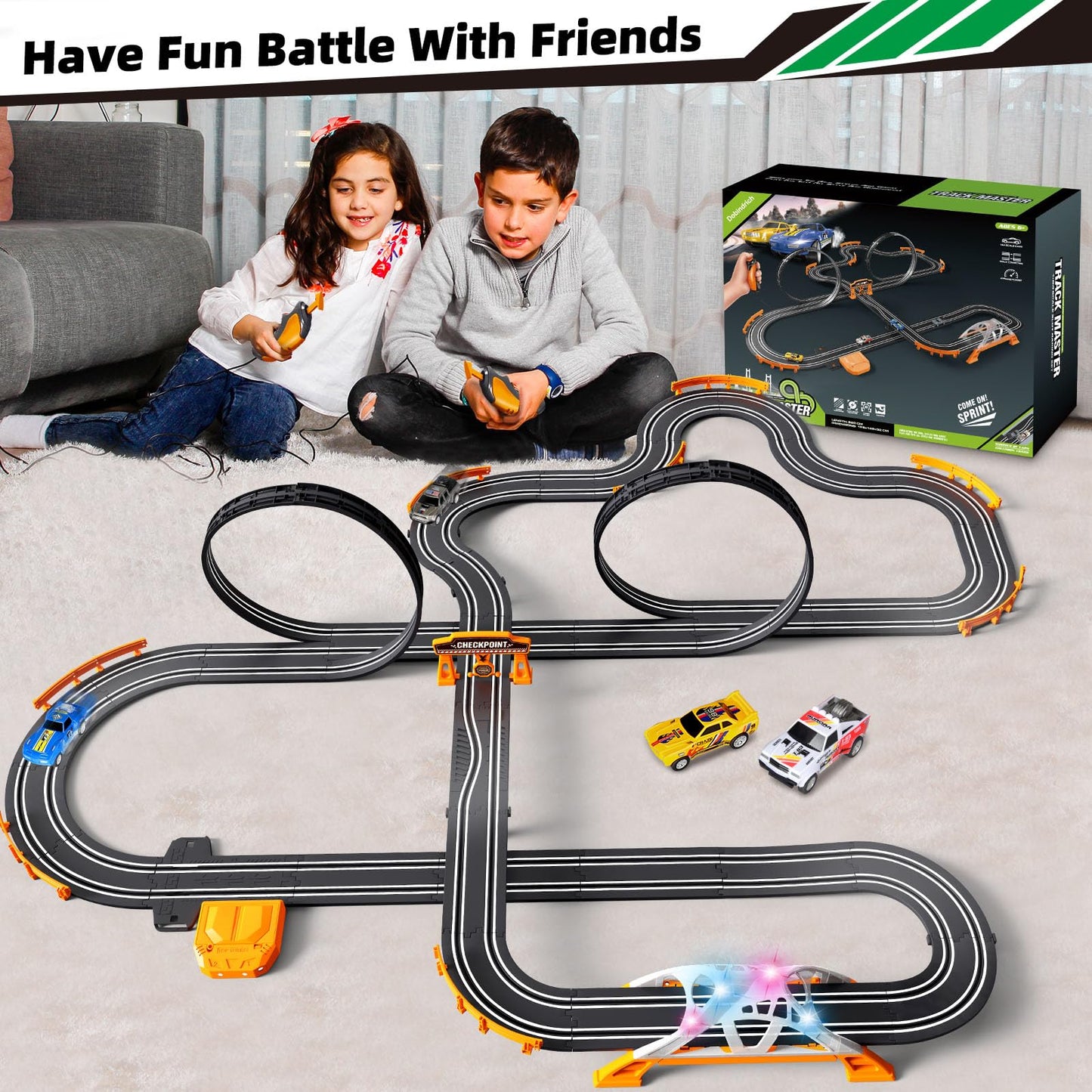 Slot Car Race Track for Kids with 4 Slot Cars, Dual Racing Electric Car Tracks Game Featuring Flash Bridge and Pendulum Toys Gifts for Boys Girls Age 6 7 8 Years Old