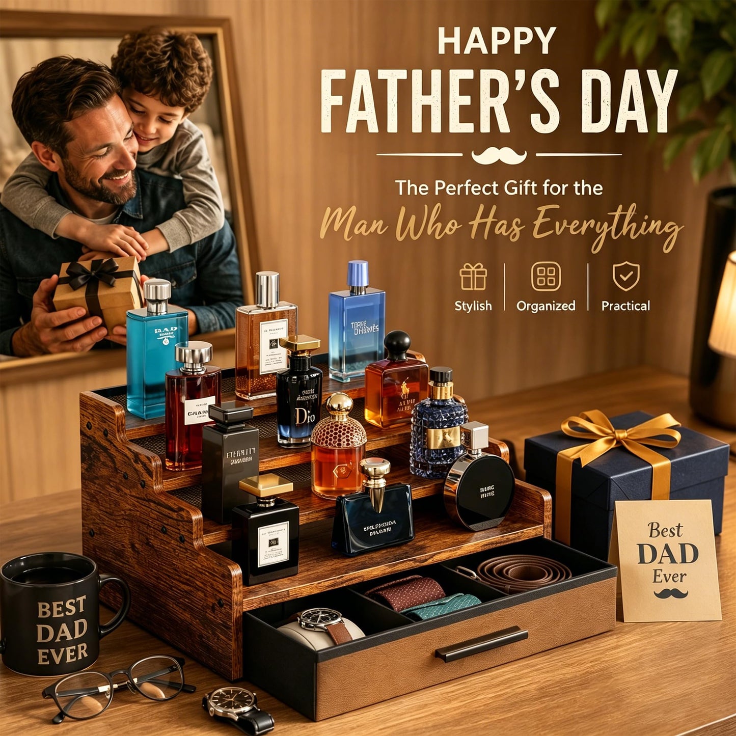 4 Tier Cologne Organizer for Men, Wooden Perfume Organizer with Drawer Storage, Perfume Display Shelf for Cologne, Watch, Grooming and Figures, Perfect Birthday/Easter Gift for Lovers & Fathers