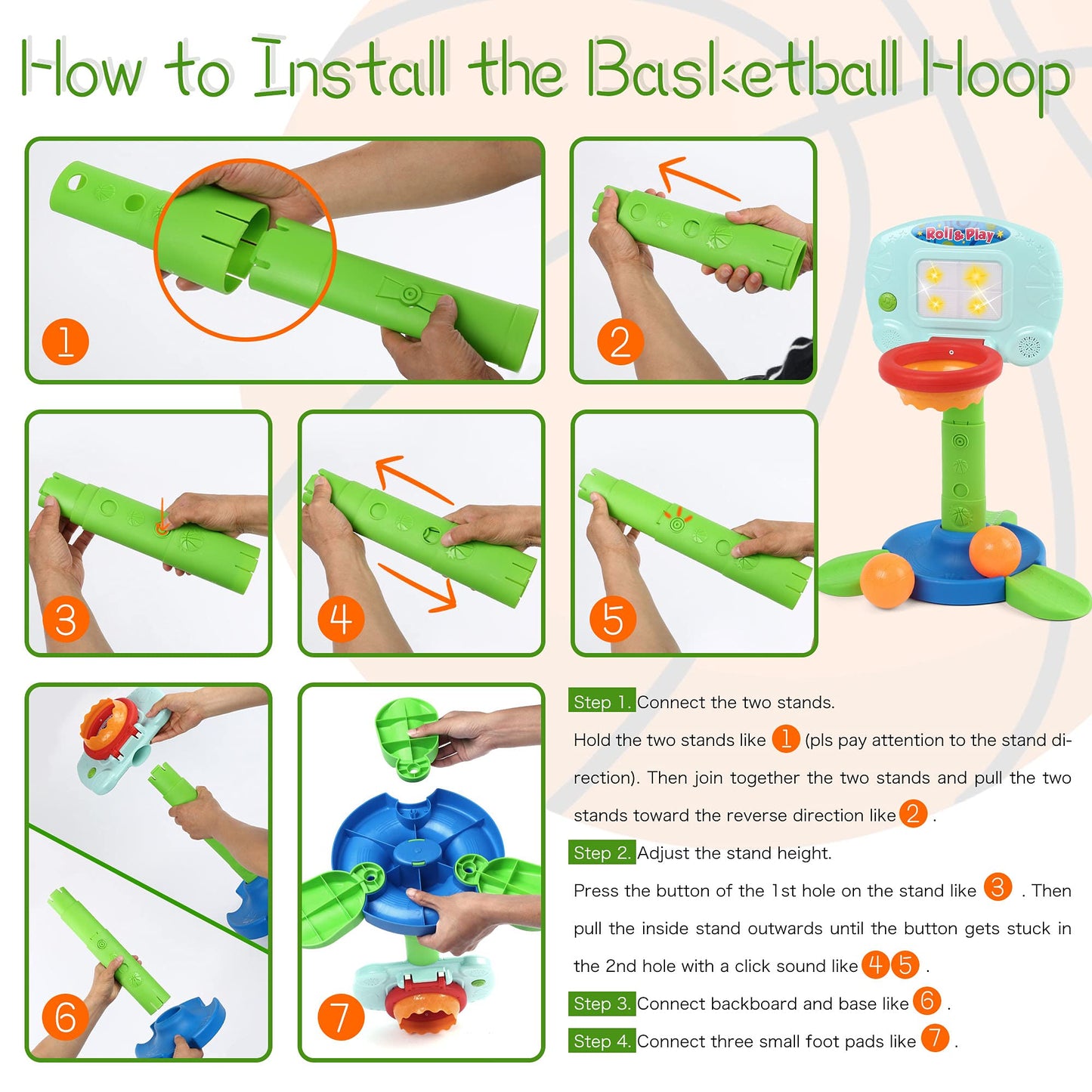 LotFancy Basketball Hoop for Kids Toddlers 18m-3y, Infant 2 in 1 Adjustable Sports Toy Set, Baby Interactive Learning Toy, with Light and Music, Indoor Basketball Game, Battery Include