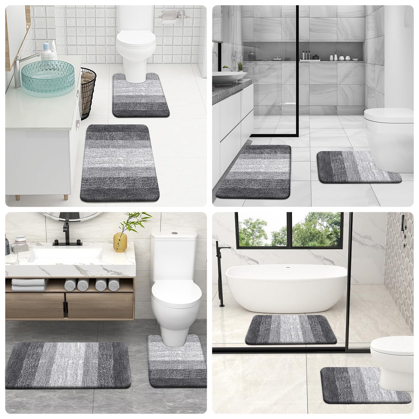 OLANLY Bathroom Rugs Sets 3 Piece, Soft Absorbent Microfiber Bath Mats and U-Shaped Contour Toilet Rug, Plush Shaggy Bath Mat Set for Bathroom (36"x24"+24"x16"+24"x20", Grey)