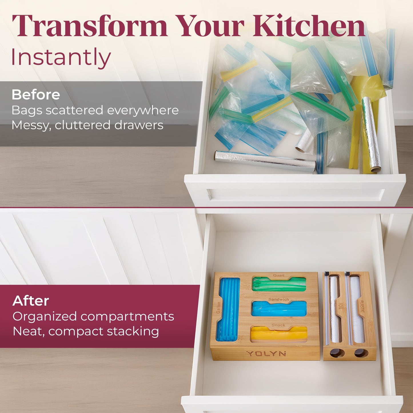 YOLYN Bamboo Food Storage Bag Organizer for Drawer with Foil & Plastic Wrap Dispenser – 4 in 1 Premium Kitchen Drawer Organizer for Gallon, Quart & Sandwich Bags