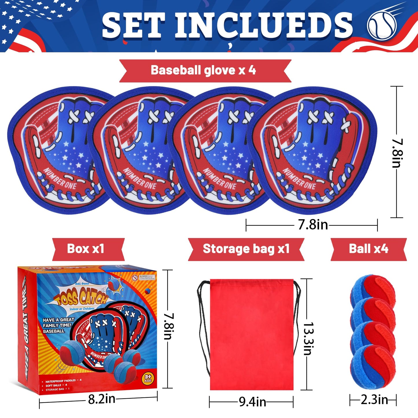 Toss and Catch Velcro Ball Set,Toddler Outdoor Games Toys for Kids Ages 3 4 5 6 7 8 9 10 11 12 Year Old, Baseballs Games for Beach Pool Yard, Birthday Gifts for Boys Girls Teens (Red)